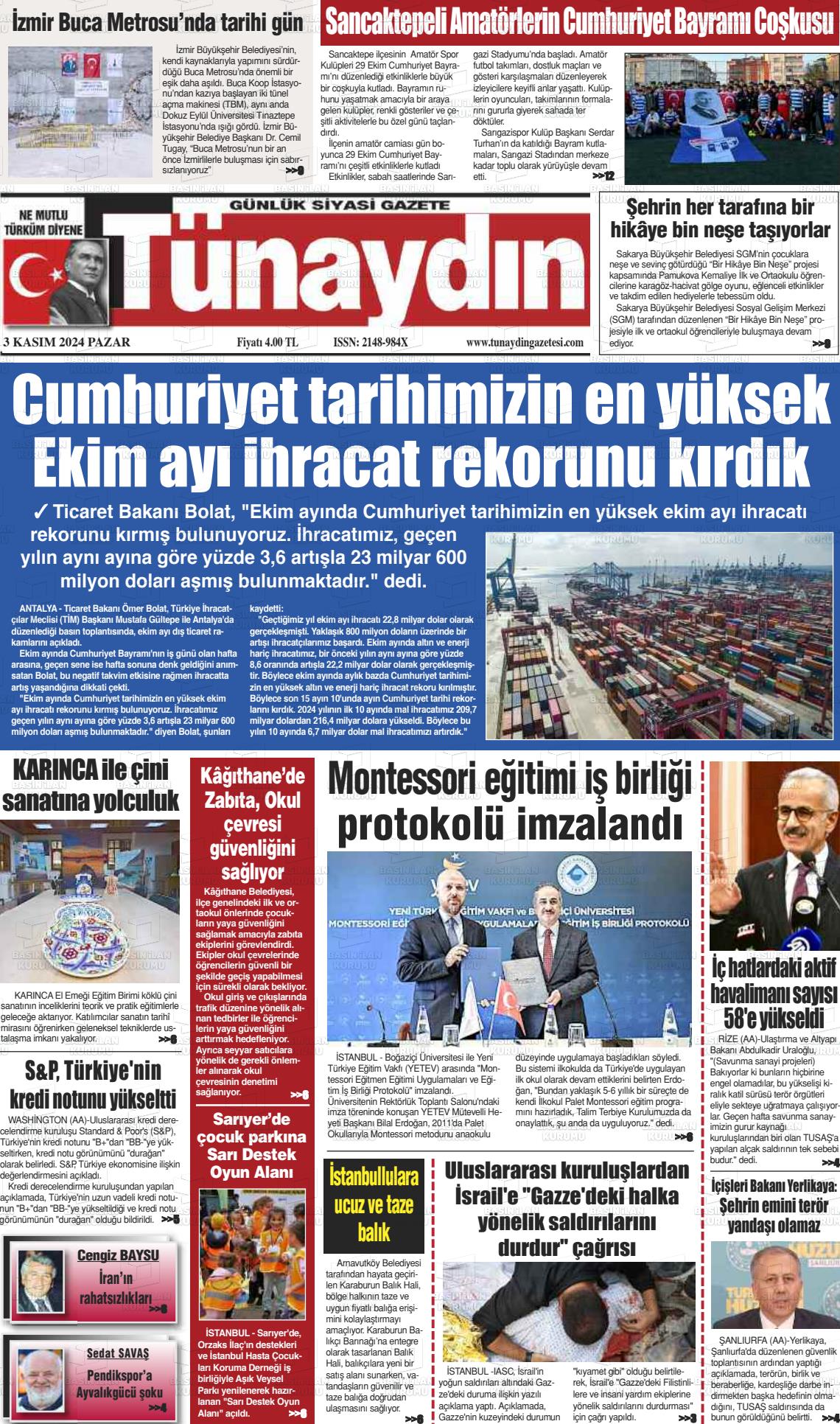 03 Kasım 2024 Tünaydın Gazete Manşeti