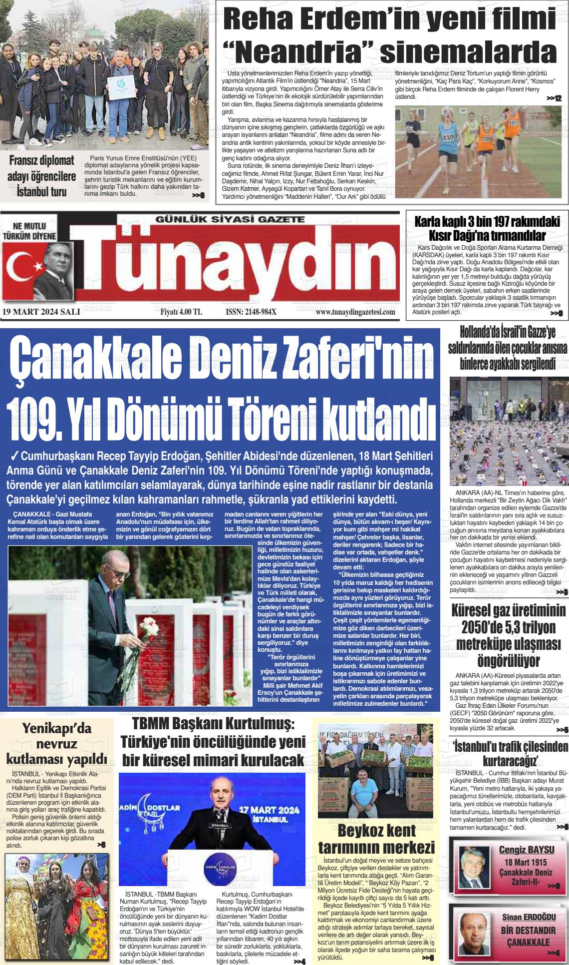 19 Mart 2024 Tünaydın Gazete Manşeti