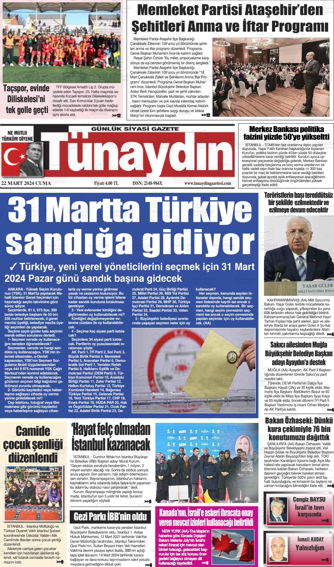 22 Mart 2024 Tünaydın Gazete Manşeti