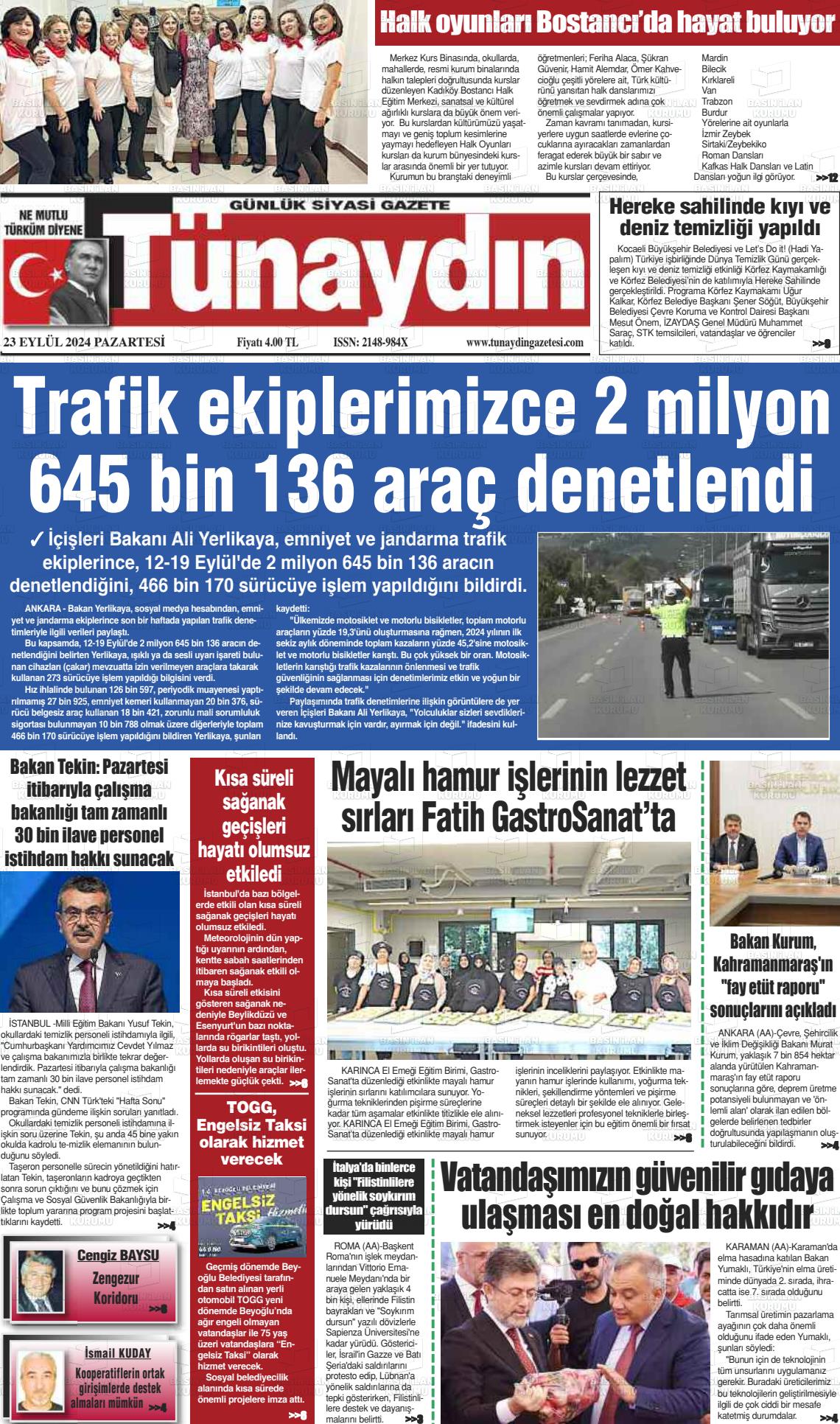 23 Eylül 2024 Tünaydın Gazete Manşeti