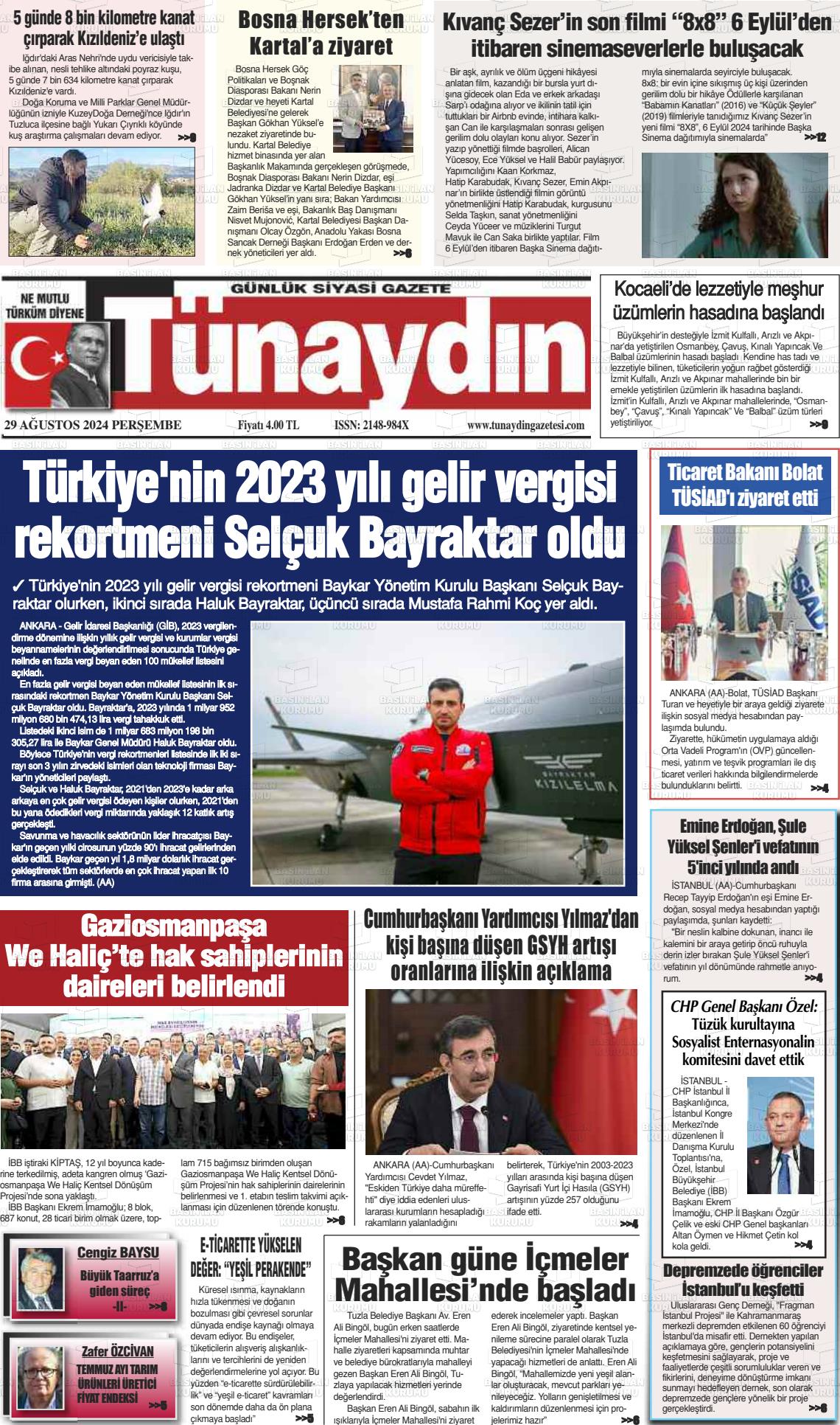 29 Ağustos 2024 Tünaydın Gazete Manşeti