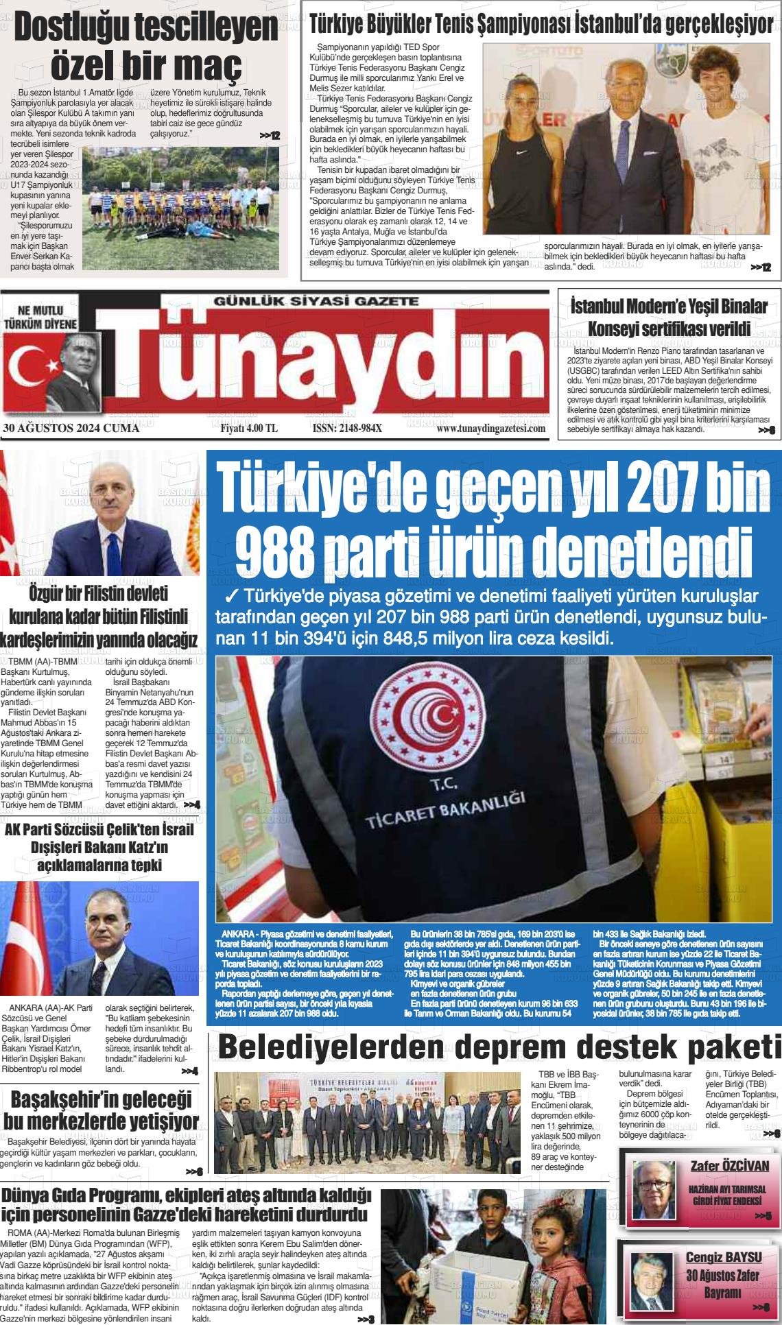 30 Ağustos 2024 Tünaydın Gazete Manşeti