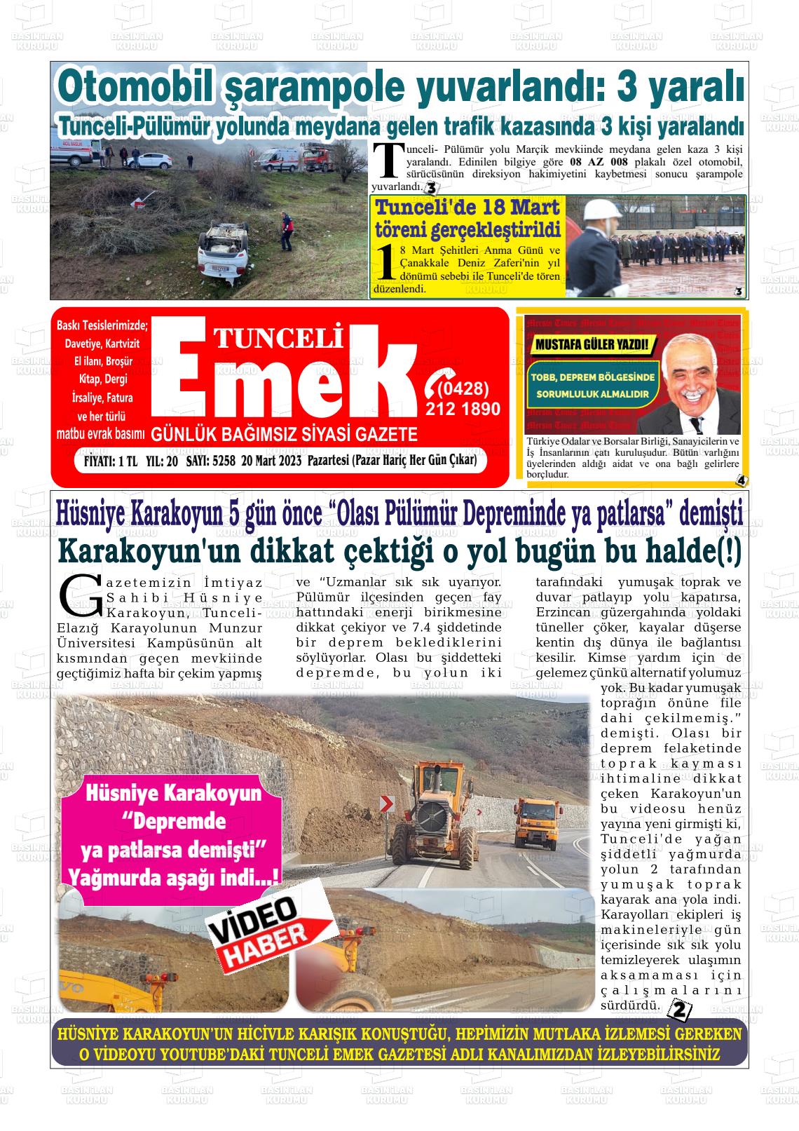 20 Mart 2023 Tunceli Emek Gazete Manşeti