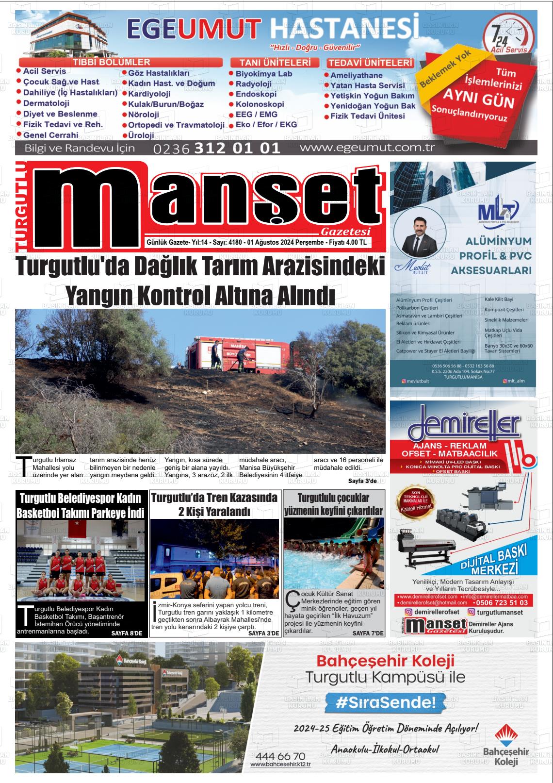 01 Ağustos 2024 Turgutlu Manşet Gazete Manşeti