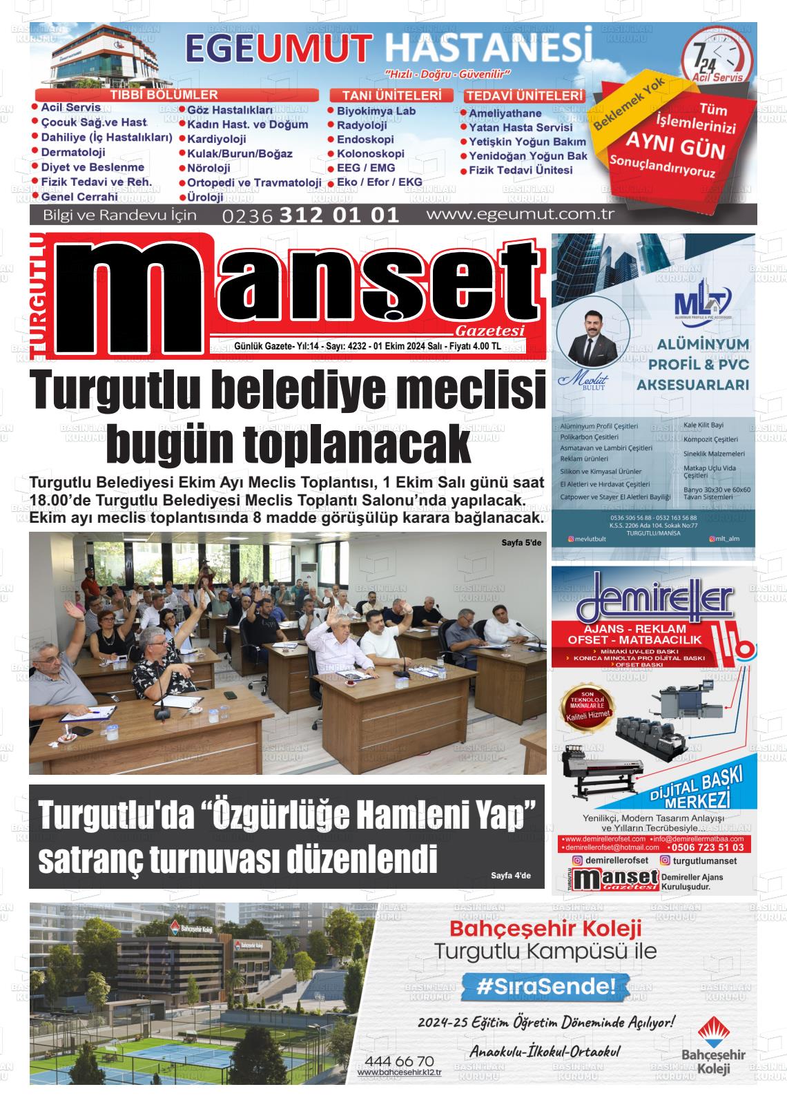 01 Ekim 2024 Turgutlu Manşet Gazete Manşeti