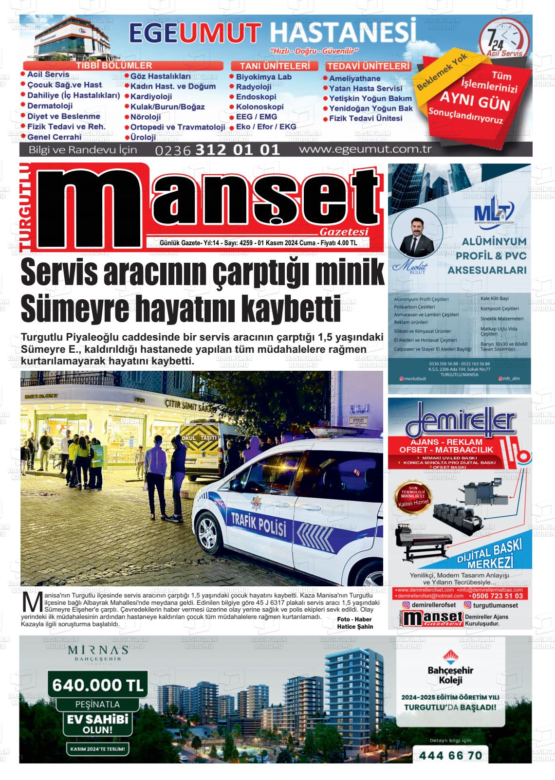 01 Kasım 2024 Turgutlu Manşet Gazete Manşeti