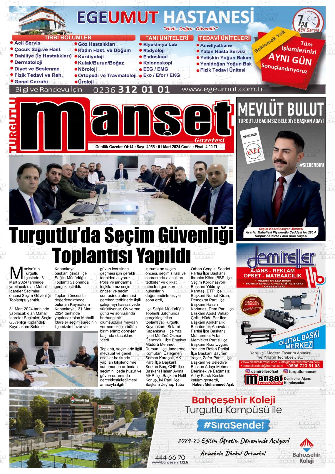 01 Mart 2024 Turgutlu Manşet Gazete Manşeti