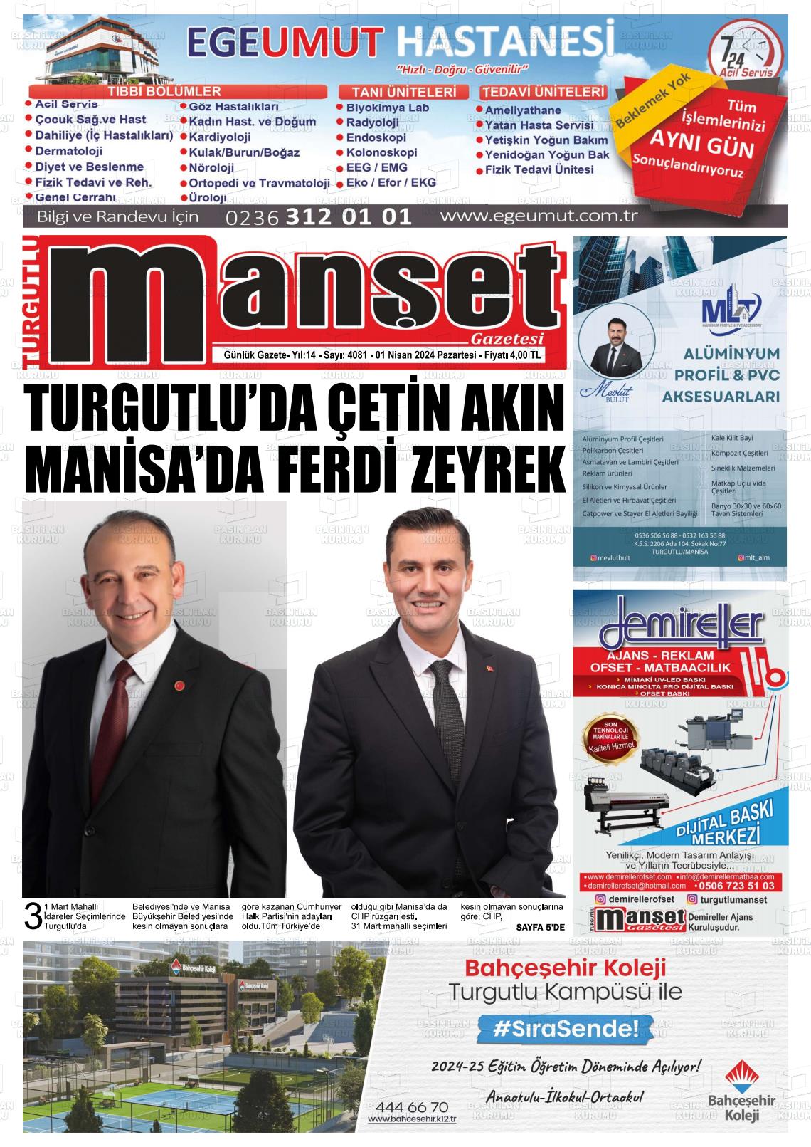 01 Nisan 2024 Turgutlu Manşet Gazete Manşeti