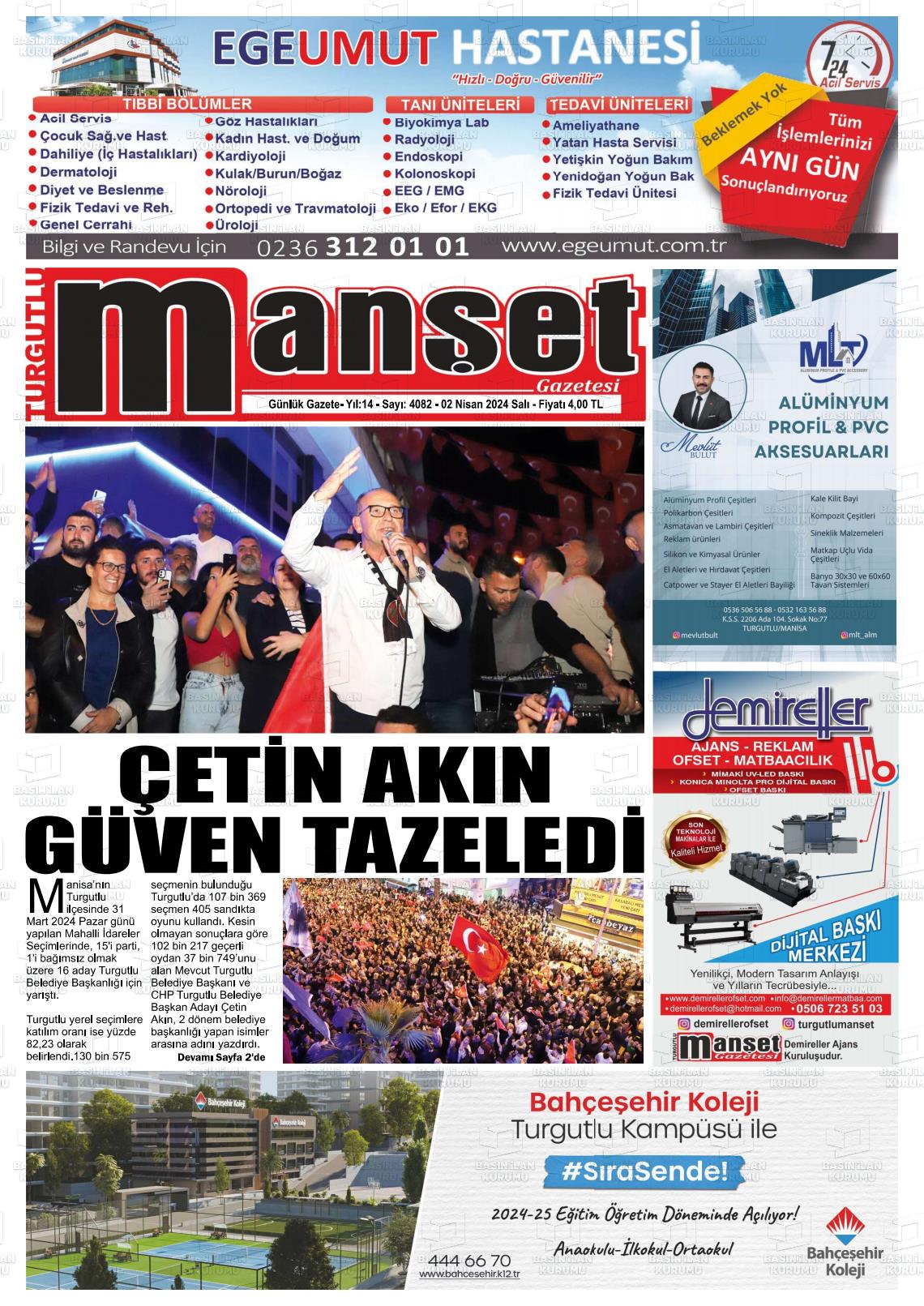 02 Nisan 2024 Turgutlu Manşet Gazete Manşeti