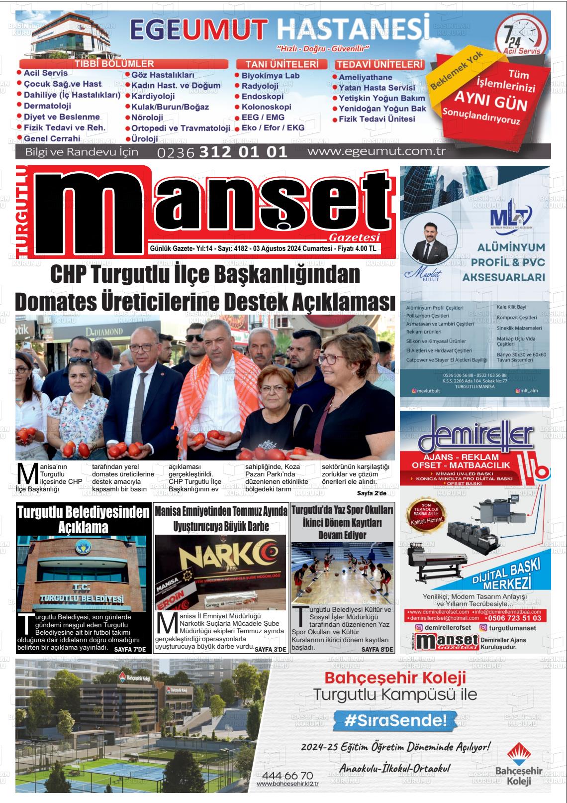 03 Ağustos 2024 Turgutlu Manşet Gazete Manşeti