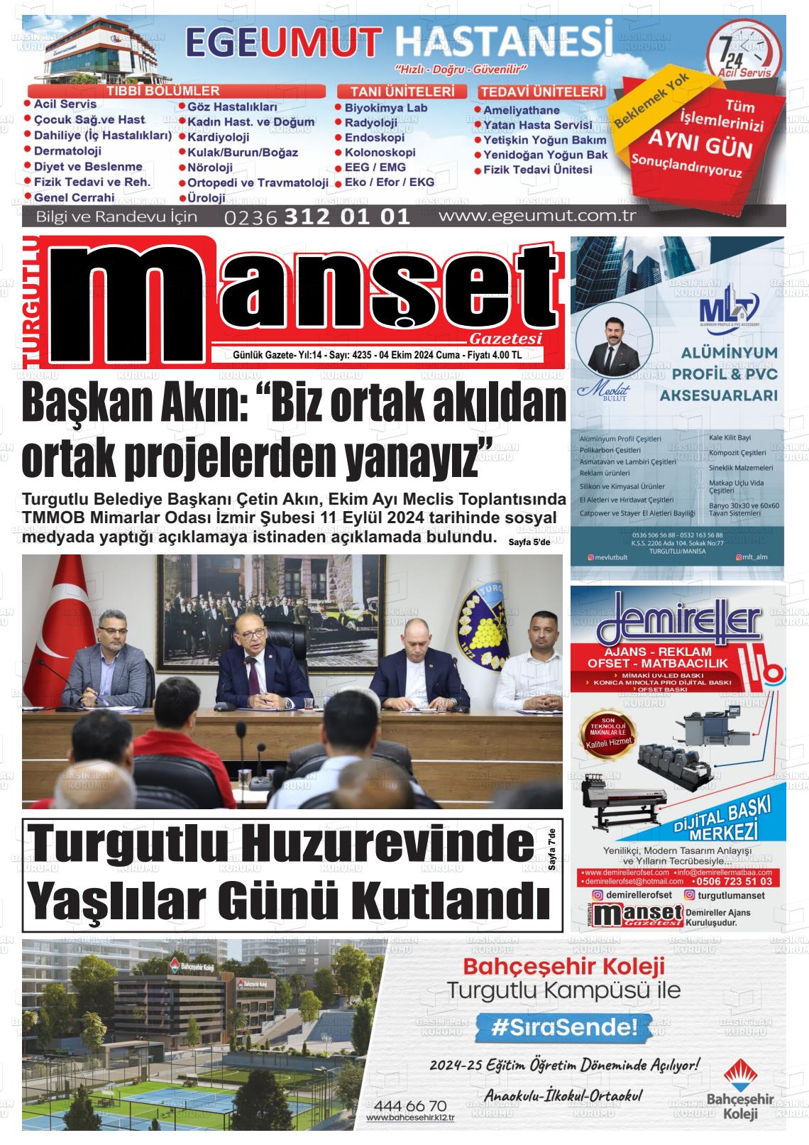 04 Ekim 2024 Turgutlu Manşet Gazete Manşeti