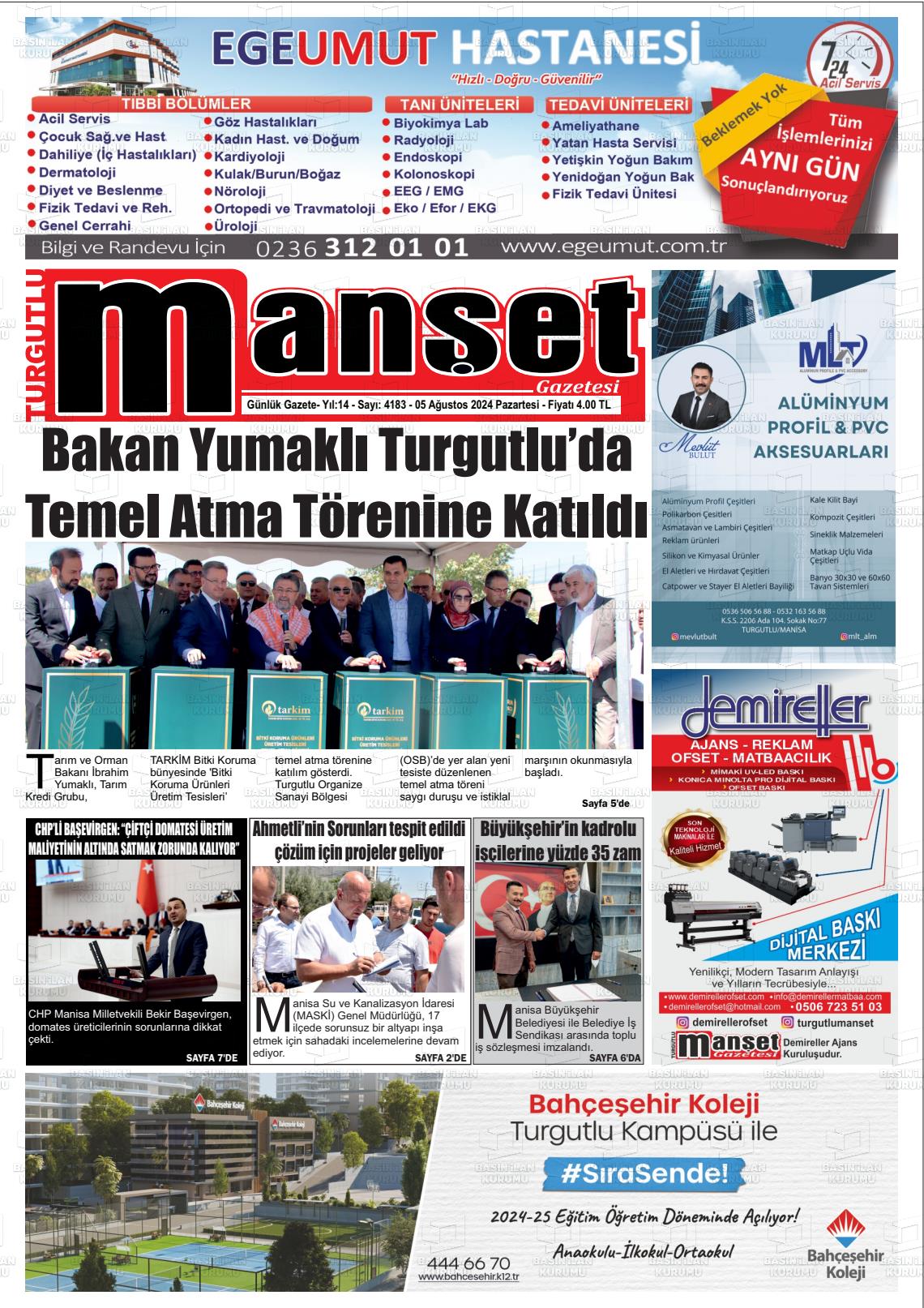 05 Ağustos 2024 Turgutlu Manşet Gazete Manşeti