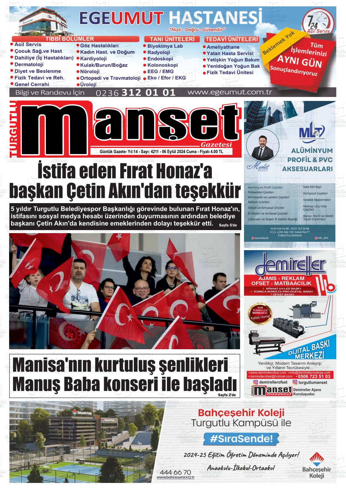 06 Eylül 2024 Turgutlu Manşet Gazete Manşeti