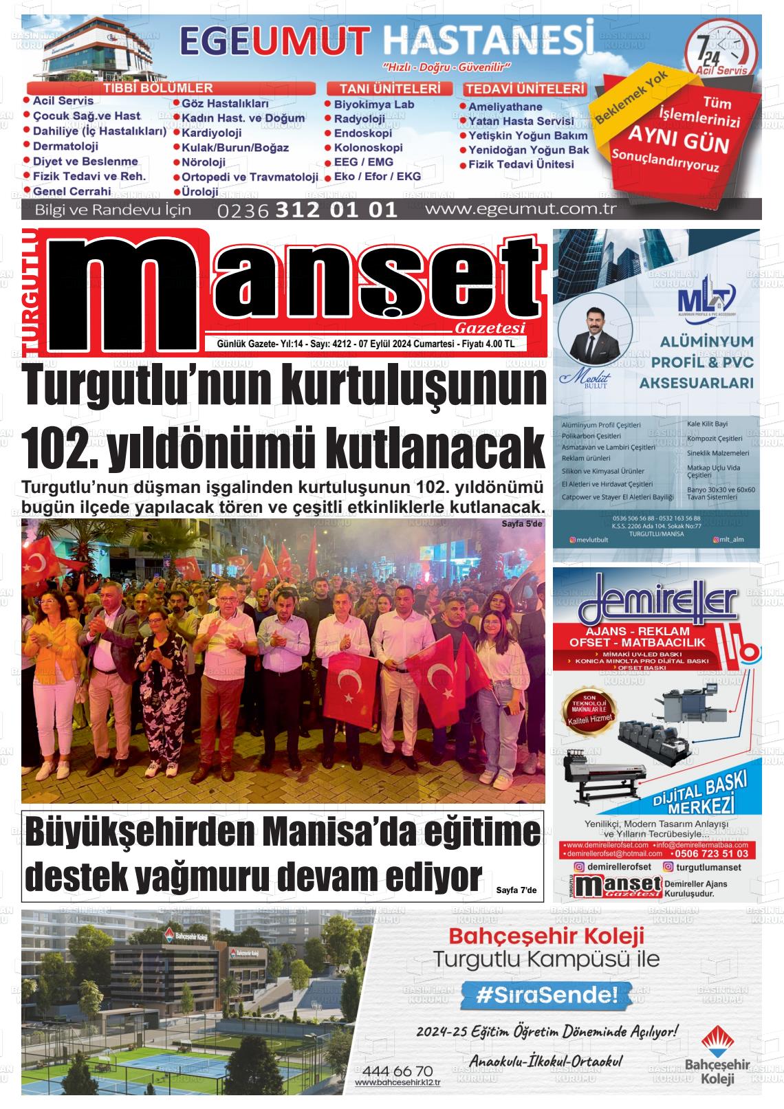 07 Eylül 2024 Turgutlu Manşet Gazete Manşeti