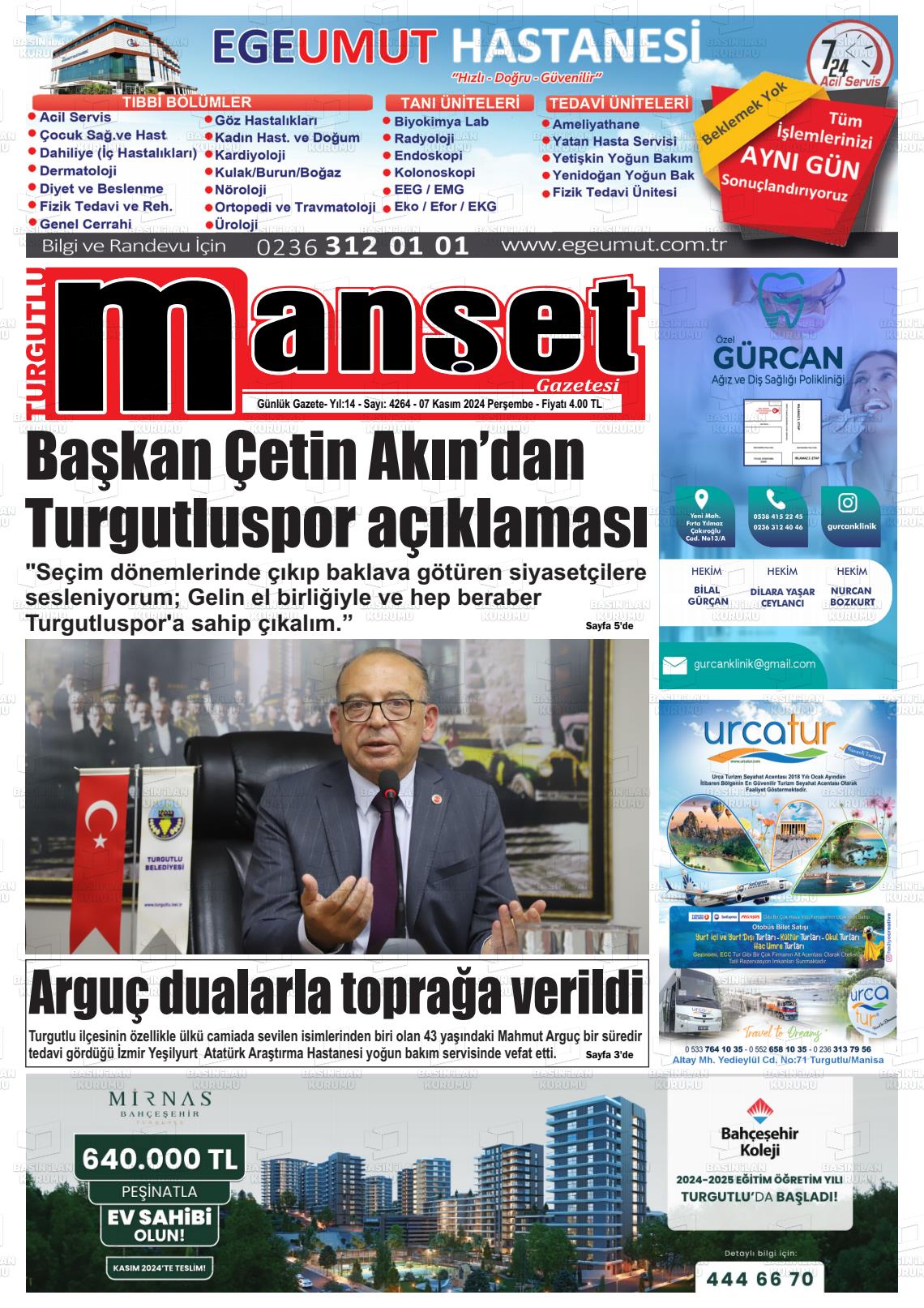 07 Kasım 2024 Turgutlu Manşet Gazete Manşeti