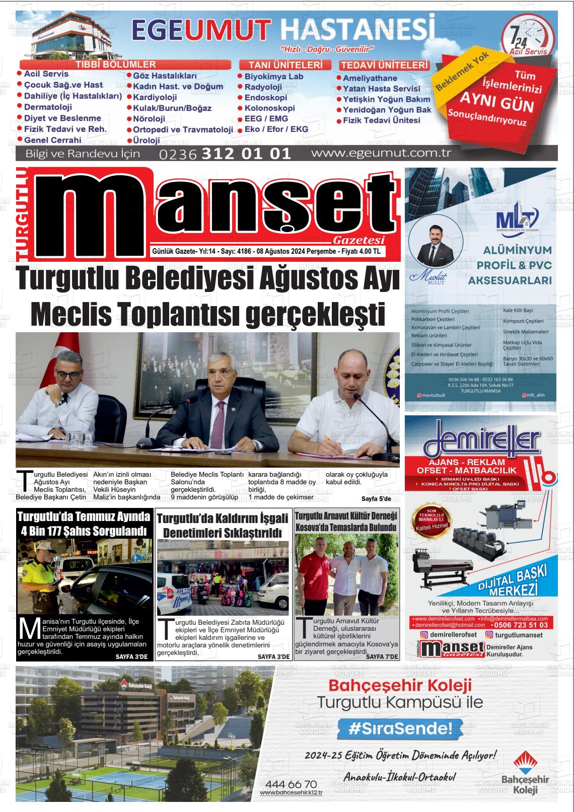 08 Ağustos 2024 Turgutlu Manşet Gazete Manşeti