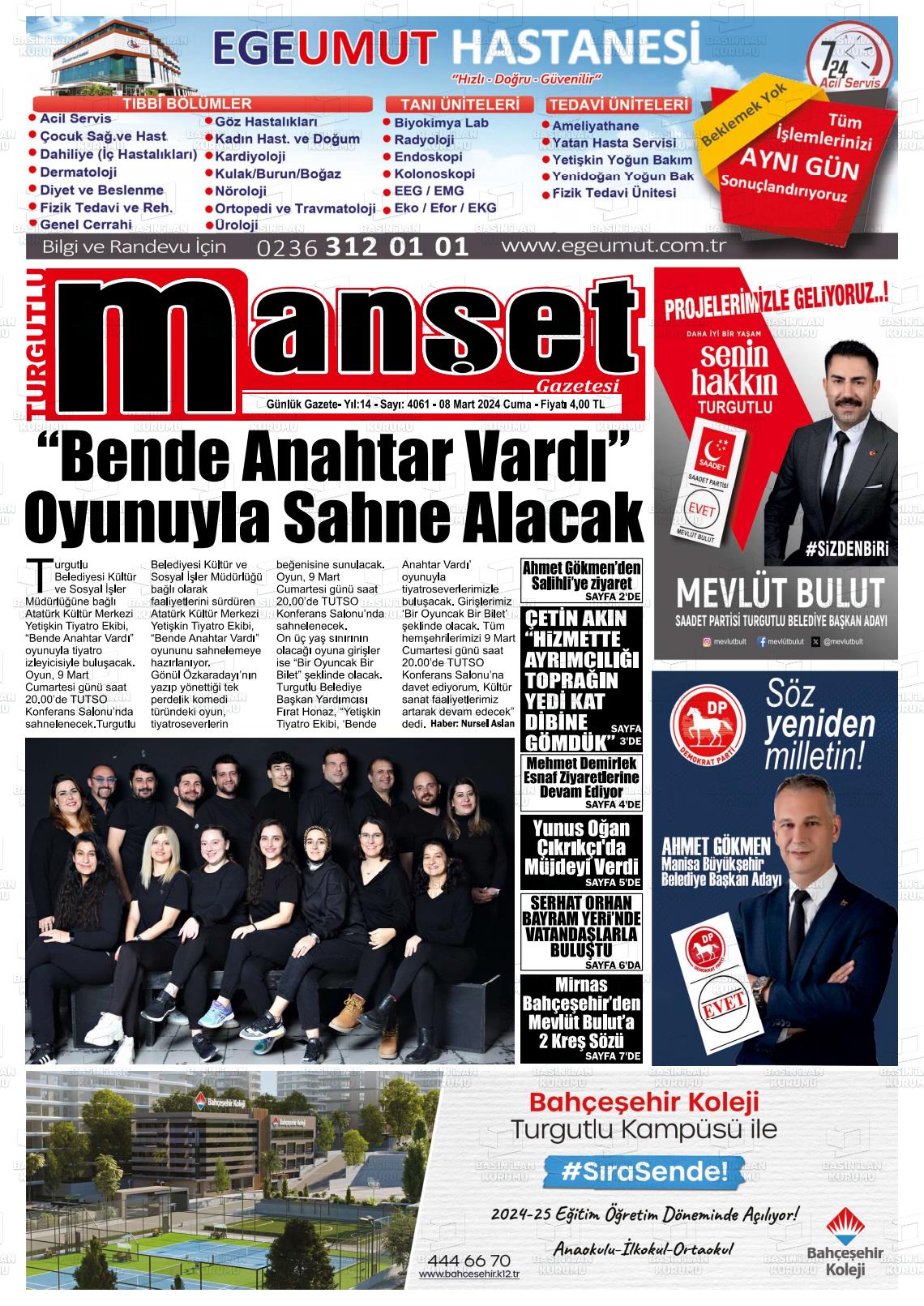 08 Mart 2024 Turgutlu Manşet Gazete Manşeti