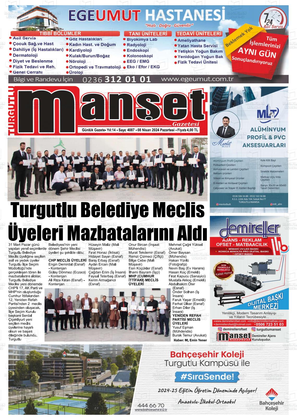 08 Nisan 2024 Turgutlu Manşet Gazete Manşeti