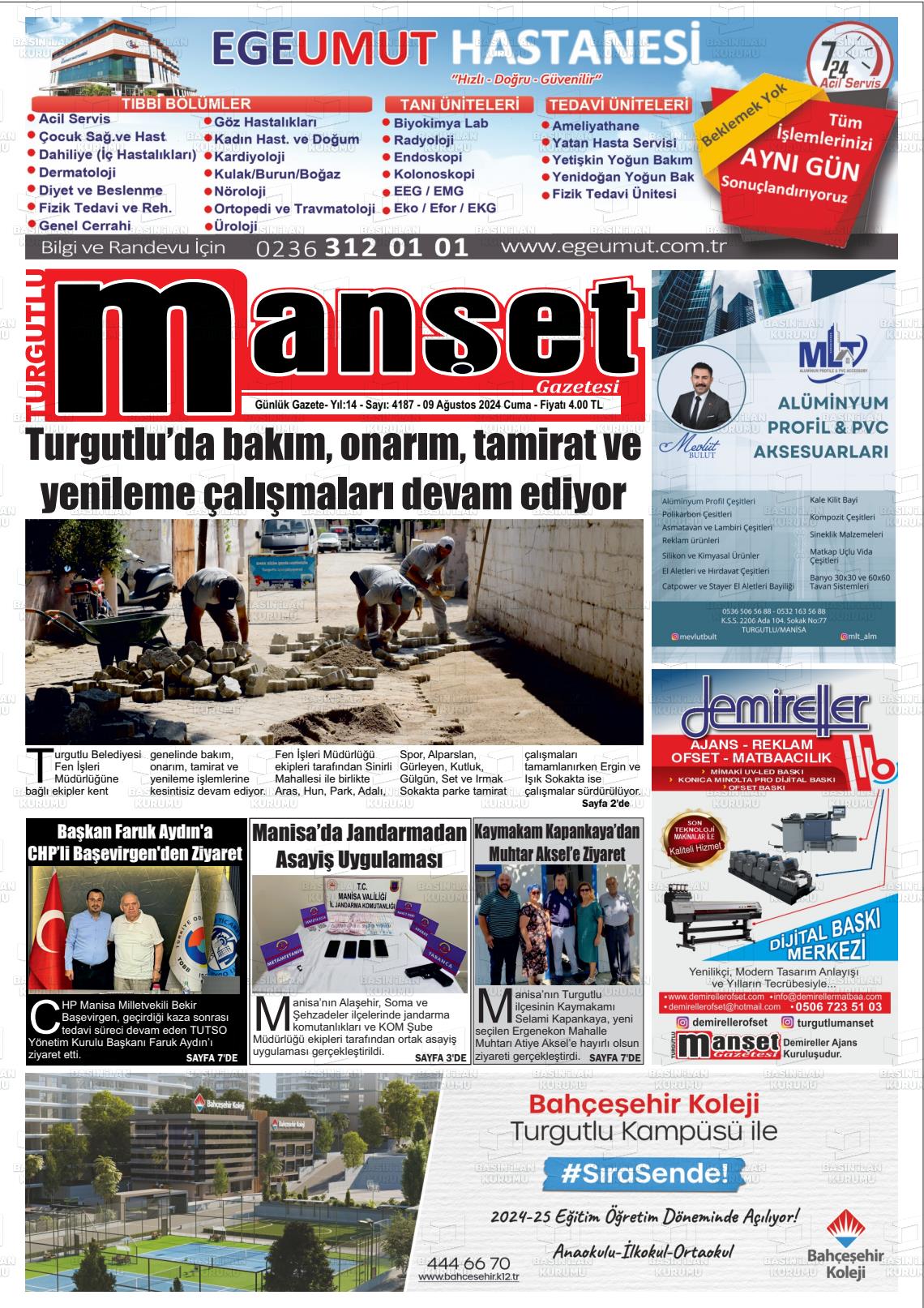 09 Ağustos 2024 Turgutlu Manşet Gazete Manşeti