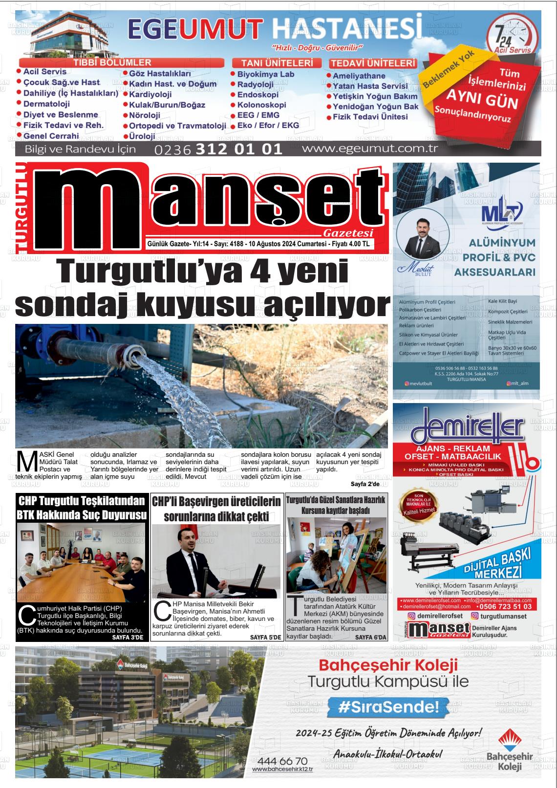 10 Ağustos 2024 Turgutlu Manşet Gazete Manşeti