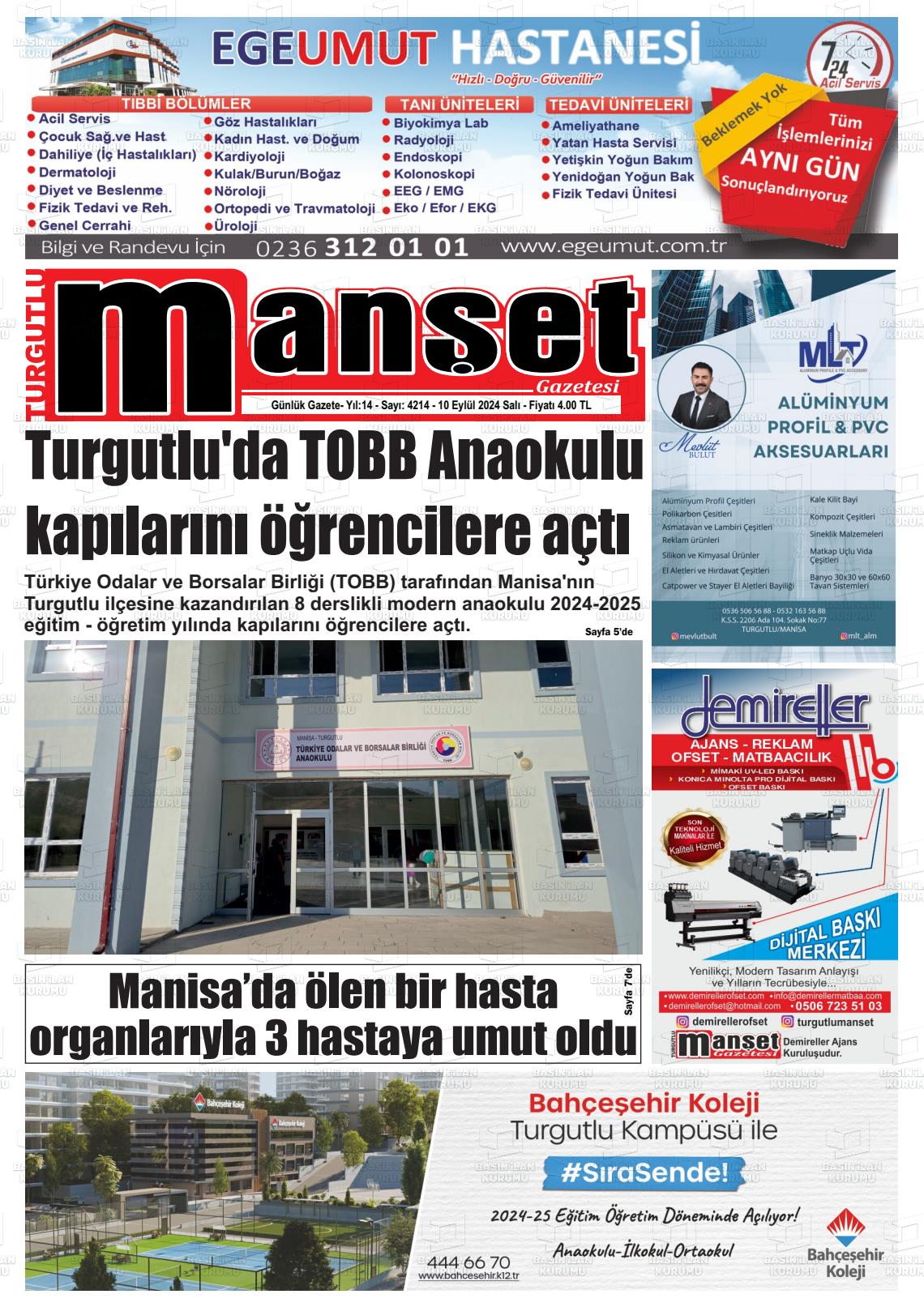 10 Eylül 2024 Turgutlu Manşet Gazete Manşeti