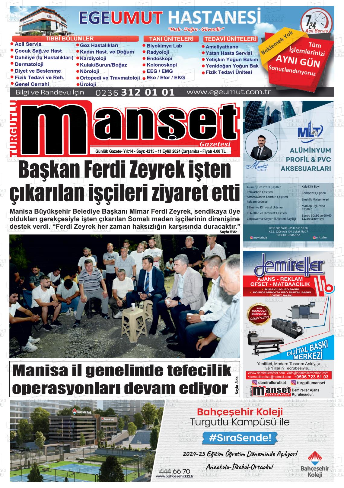 11 Eylül 2024 Turgutlu Manşet Gazete Manşeti