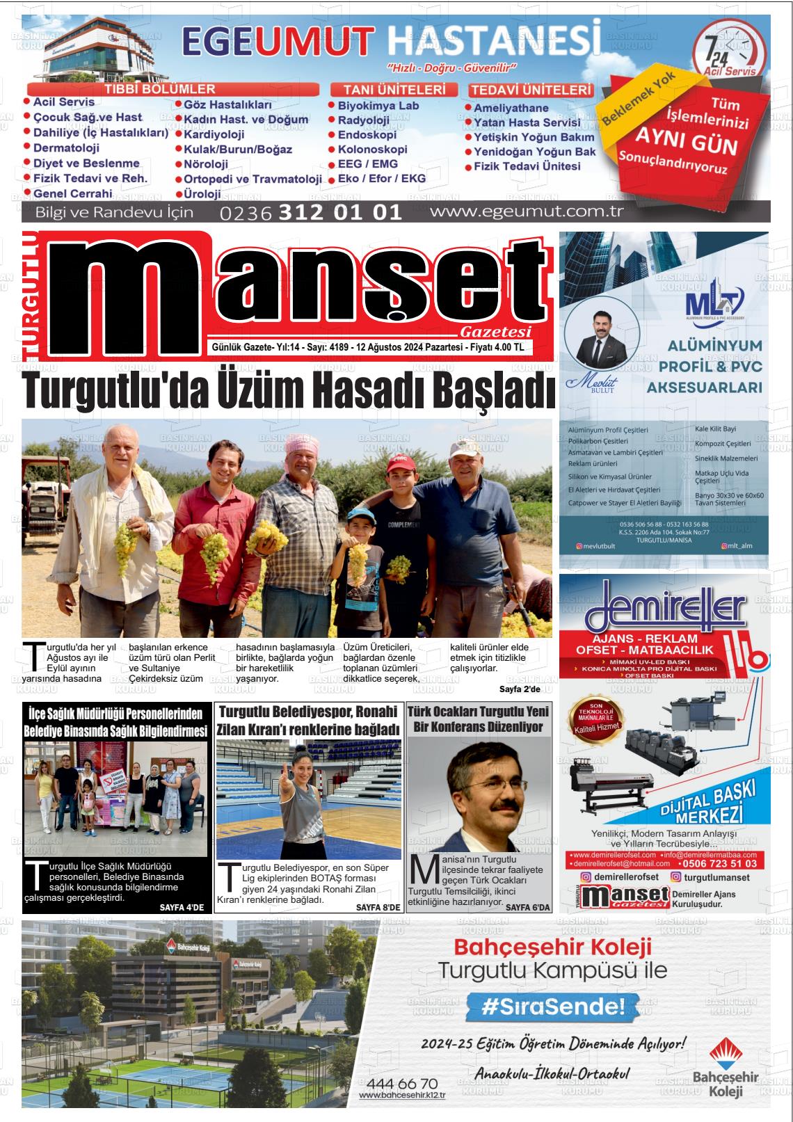 12 Ağustos 2024 Turgutlu Manşet Gazete Manşeti