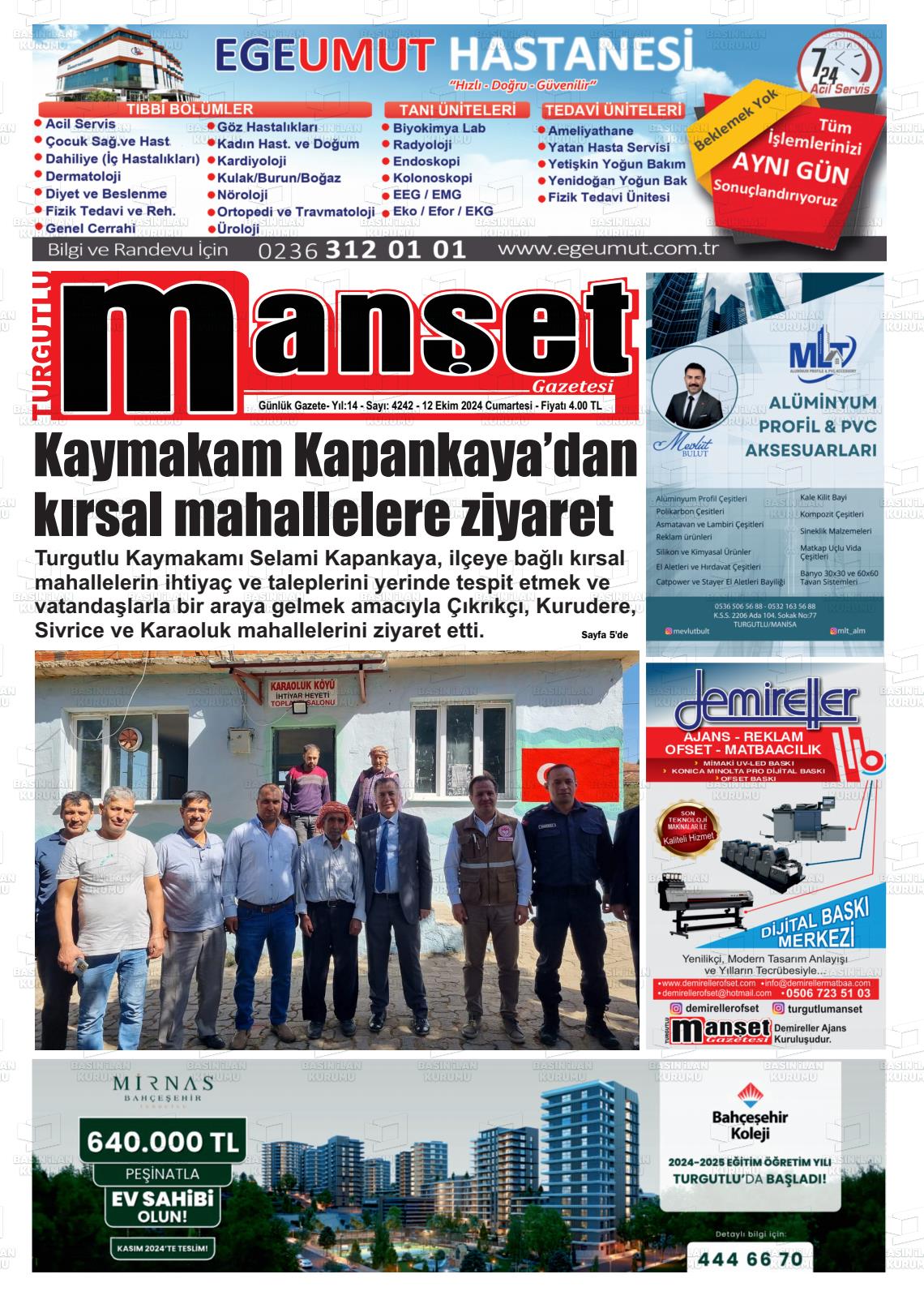 12 Ekim 2024 Turgutlu Manşet Gazete Manşeti