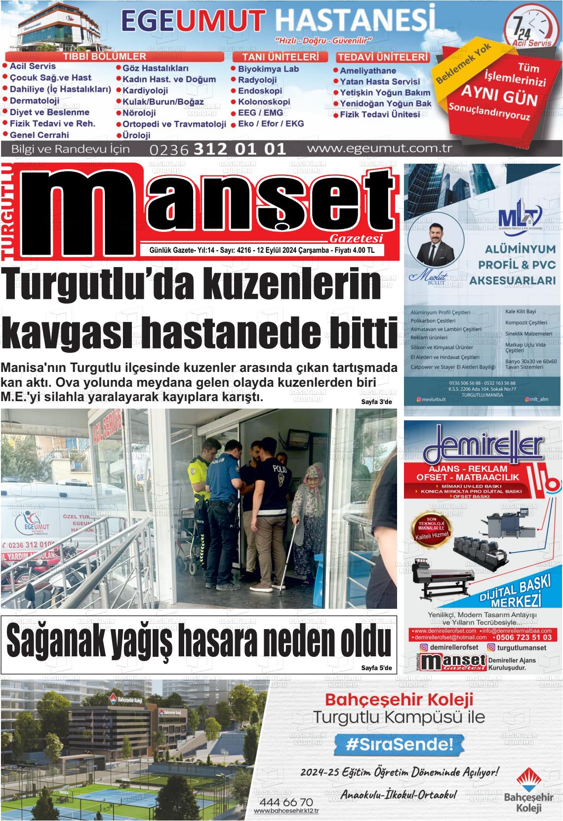 12 Eylül 2024 Turgutlu Manşet Gazete Manşeti