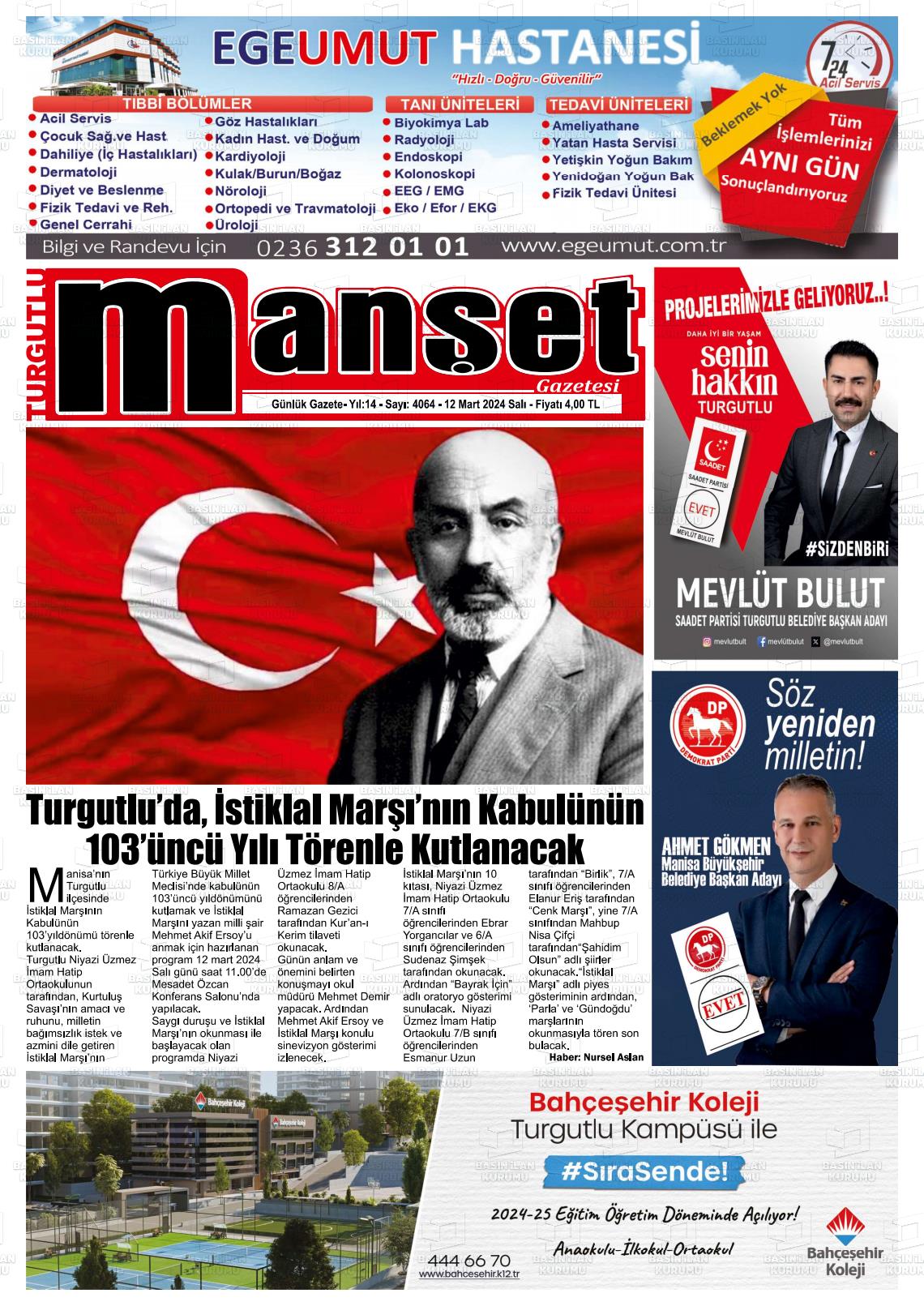 12 Mart 2024 Turgutlu Manşet Gazete Manşeti