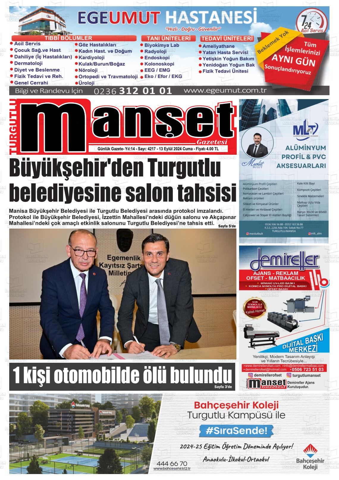 13 Eylül 2024 Turgutlu Manşet Gazete Manşeti