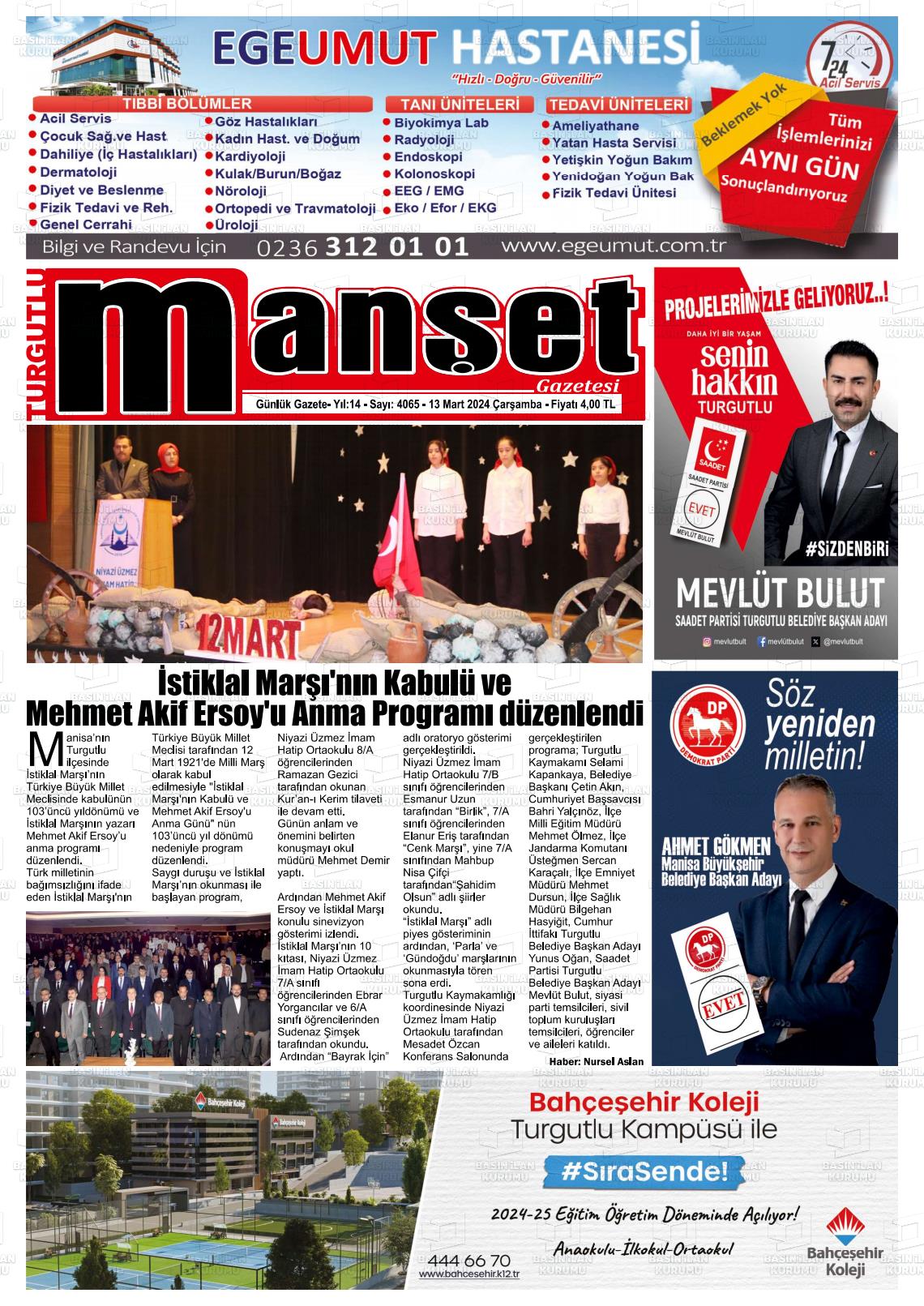 13 Mart 2024 Turgutlu Manşet Gazete Manşeti