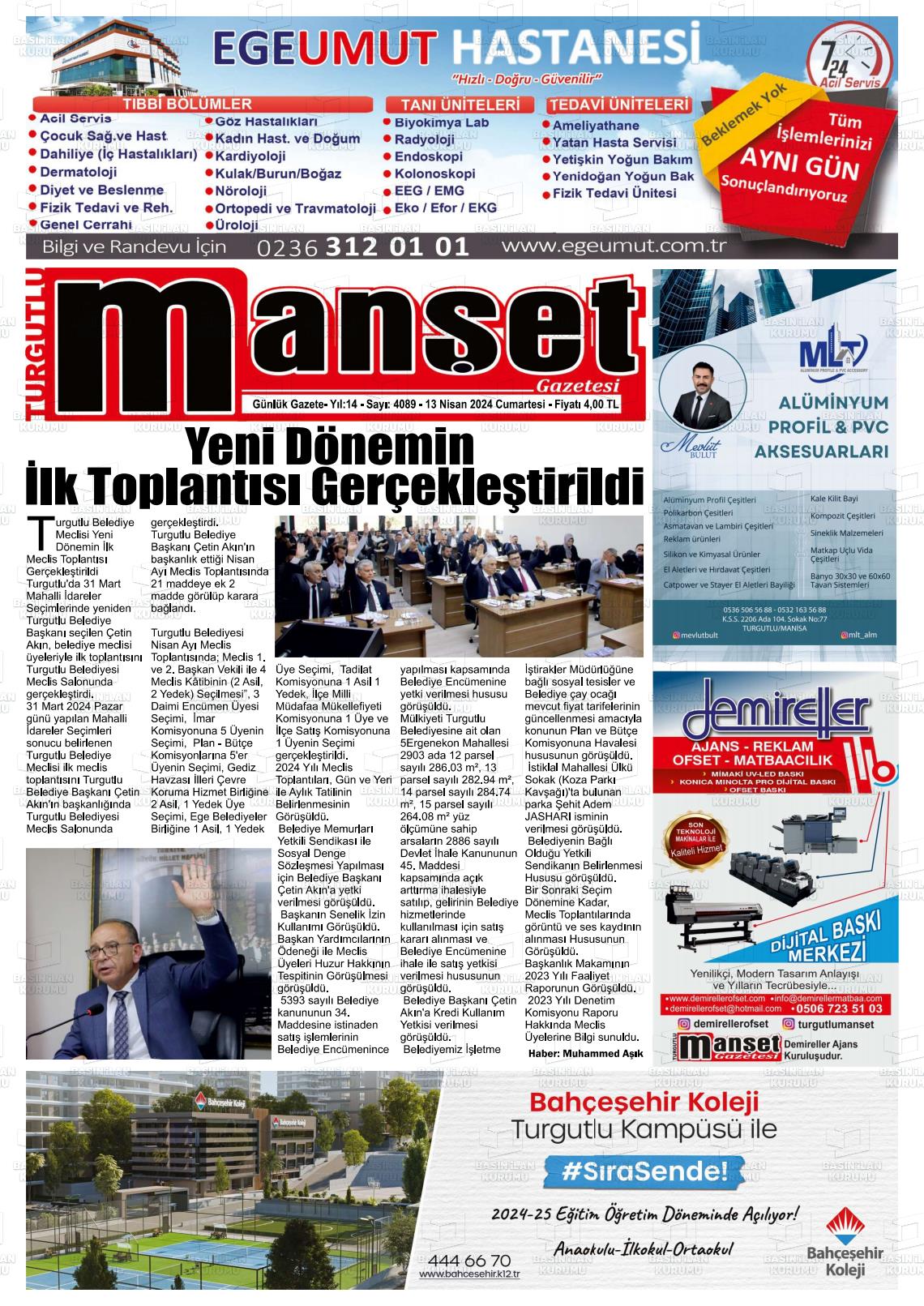 13 Nisan 2024 Turgutlu Manşet Gazete Manşeti