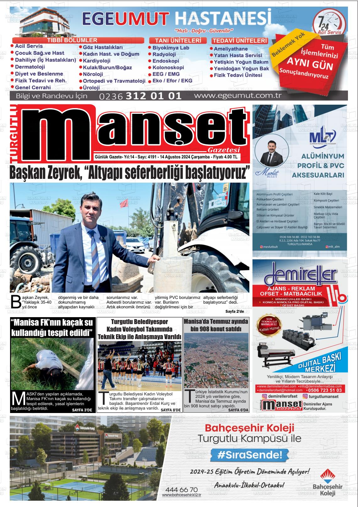 14 Ağustos 2024 Turgutlu Manşet Gazete Manşeti