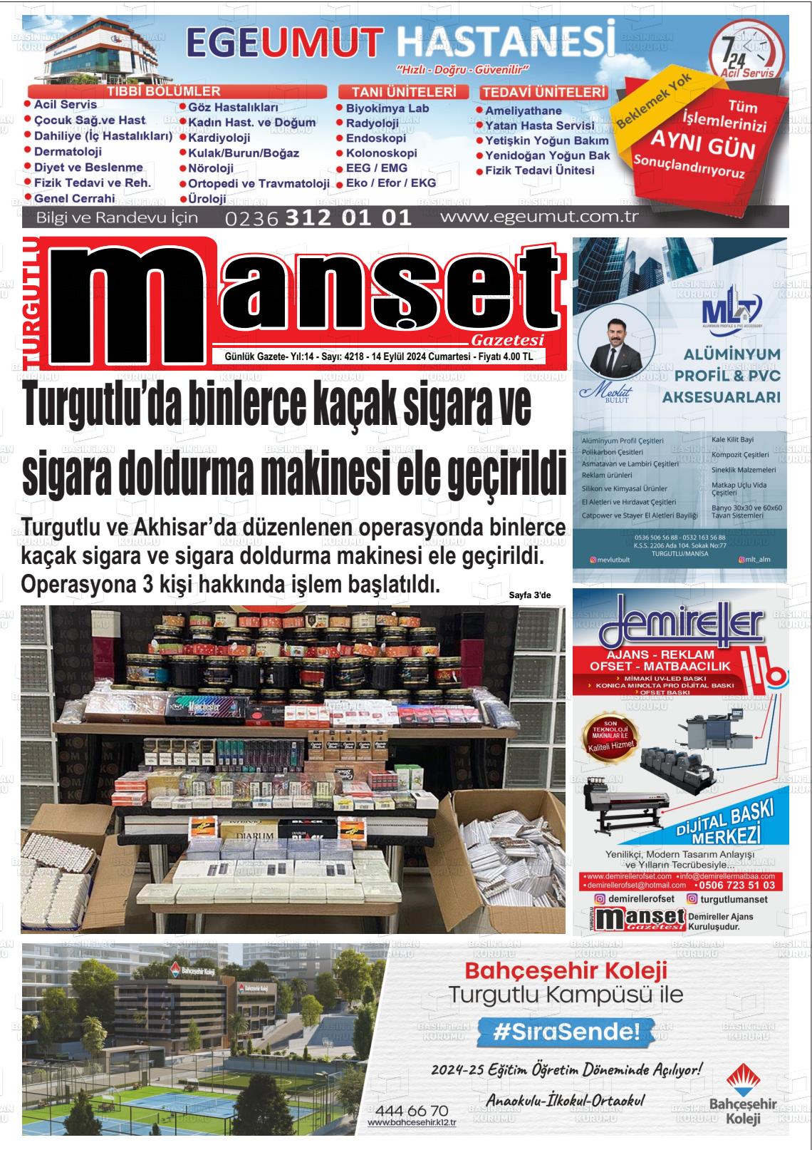 14 Eylül 2024 Turgutlu Manşet Gazete Manşeti