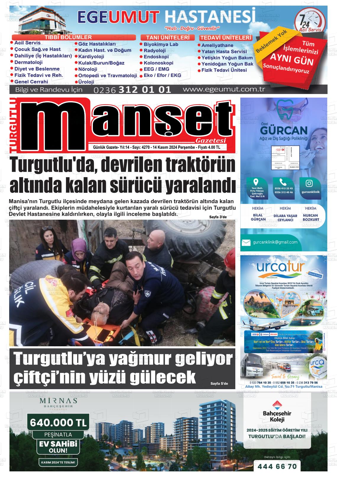 14 Kasım 2024 Turgutlu Manşet Gazete Manşeti