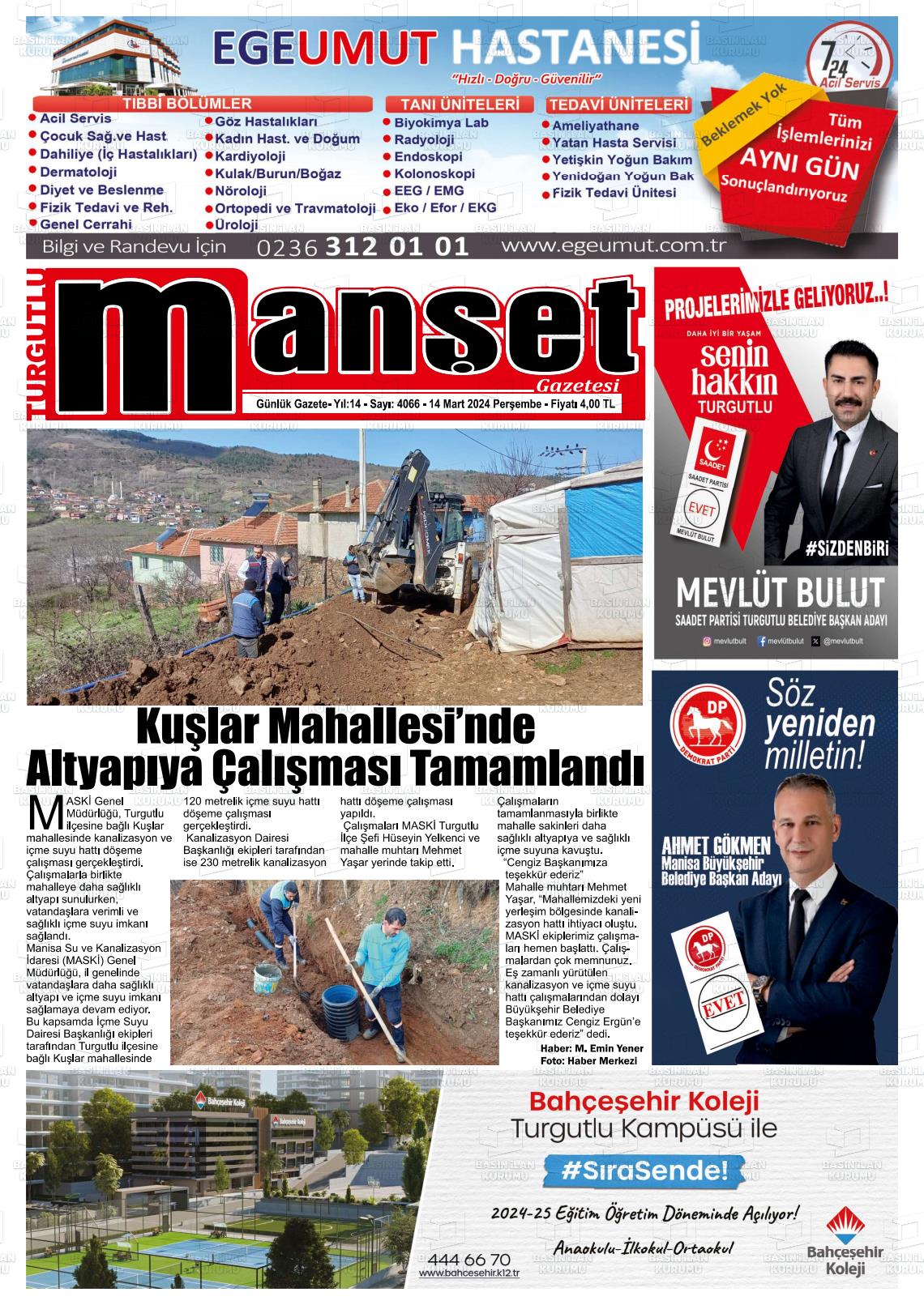 14 Mart 2024 Turgutlu Manşet Gazete Manşeti