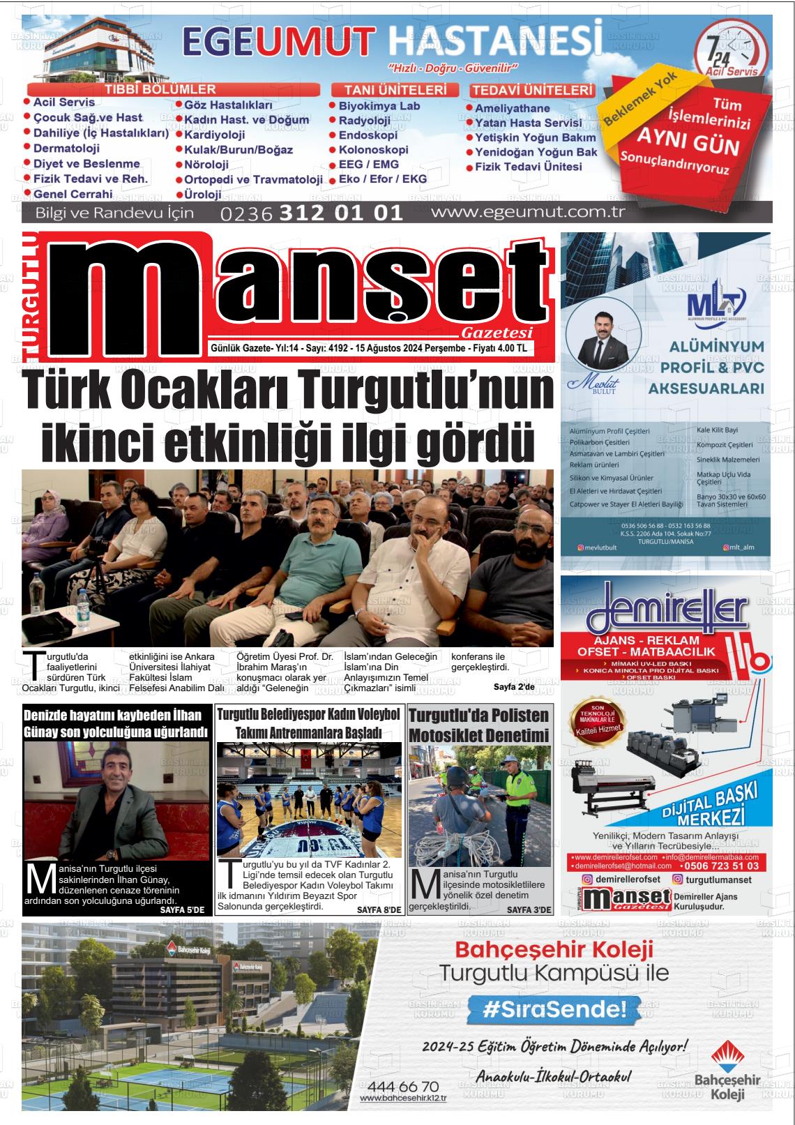 15 Ağustos 2024 Turgutlu Manşet Gazete Manşeti