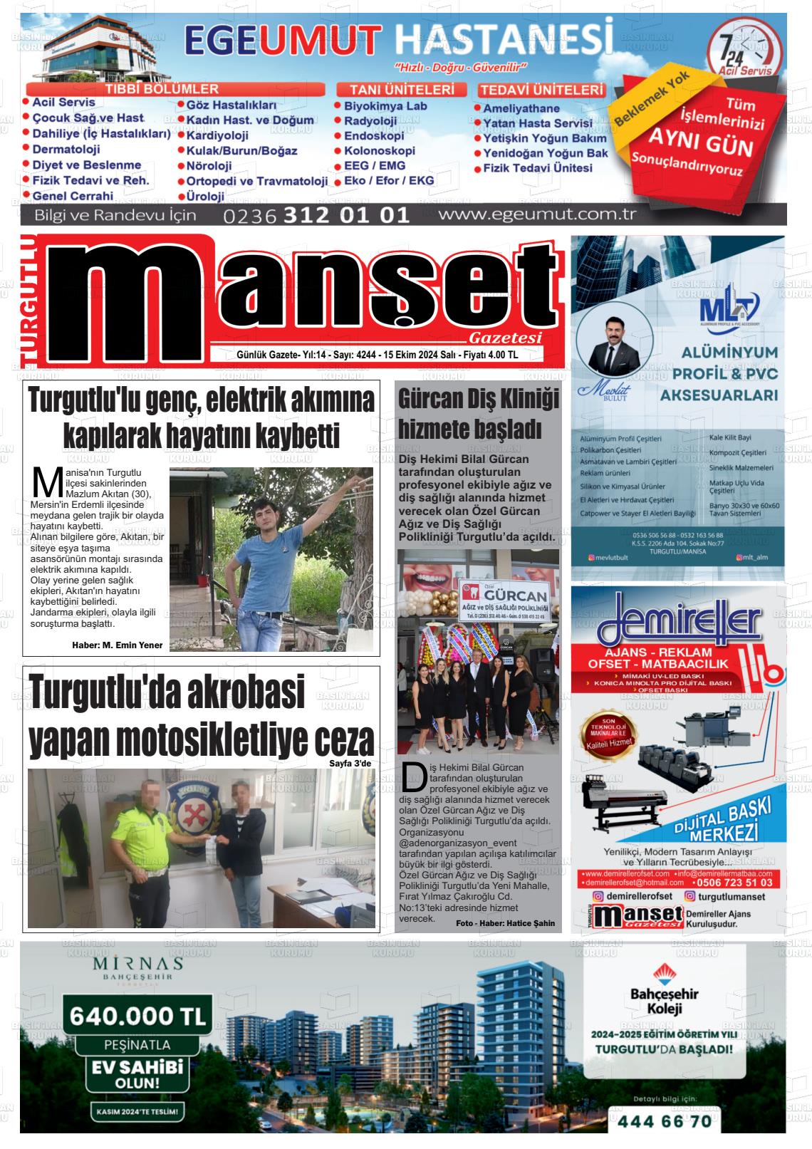 15 Ekim 2024 Turgutlu Manşet Gazete Manşeti