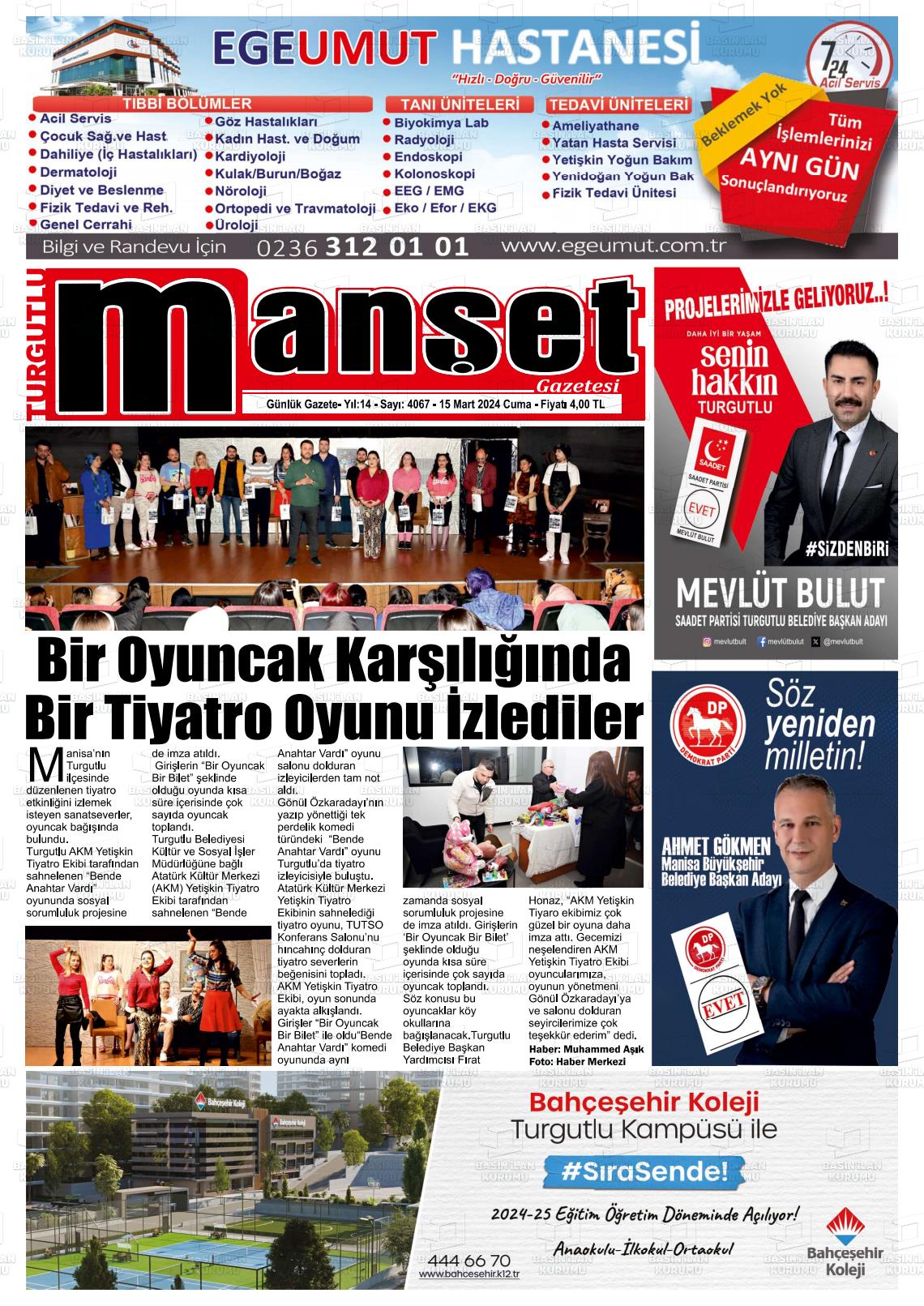 15 Mart 2024 Turgutlu Manşet Gazete Manşeti