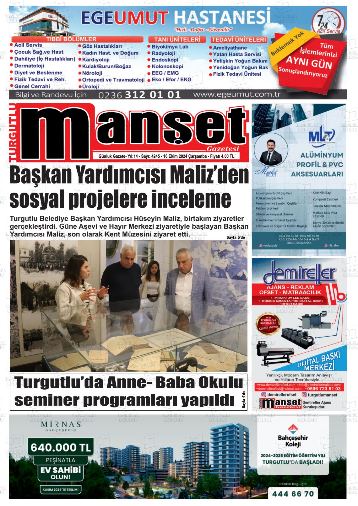 16 Ekim 2024 Turgutlu Manşet Gazete Manşeti