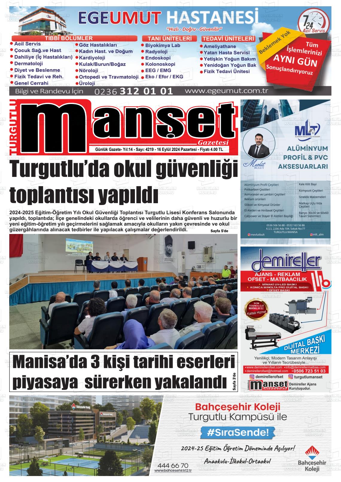 16 Eylül 2024 Turgutlu Manşet Gazete Manşeti