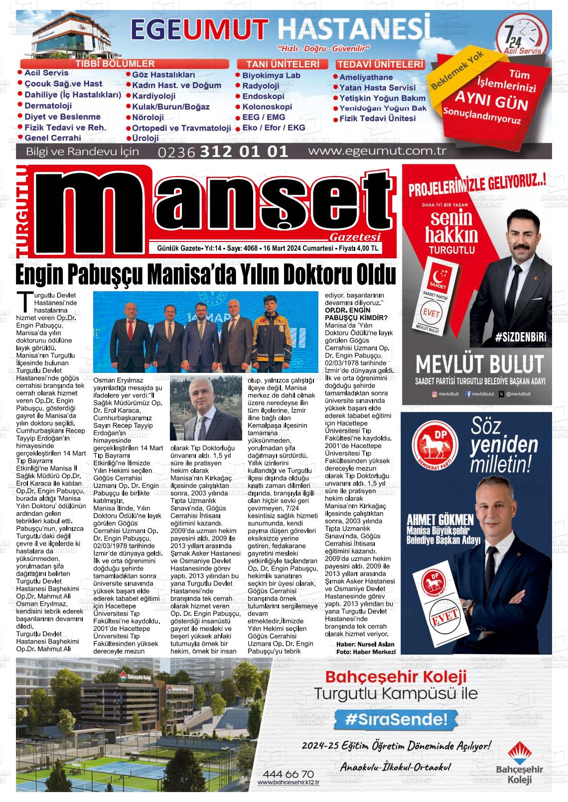 16 Mart 2024 Turgutlu Manşet Gazete Manşeti