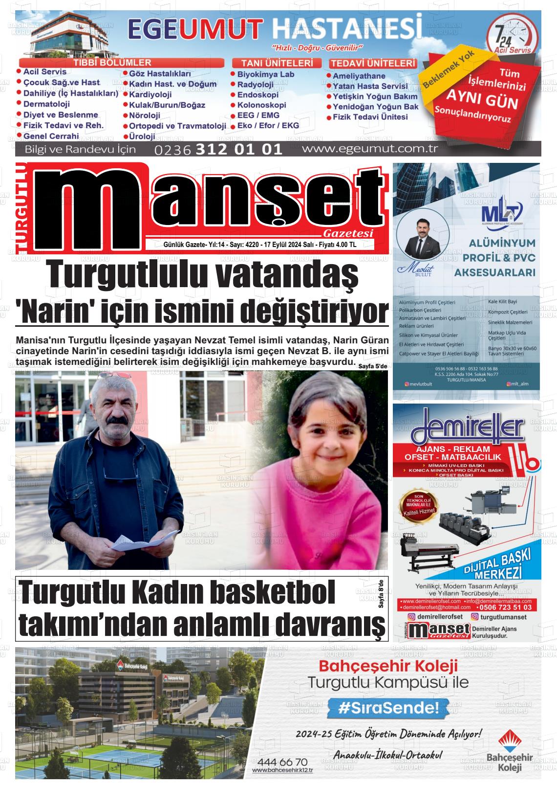 17 Eylül 2024 Turgutlu Manşet Gazete Manşeti