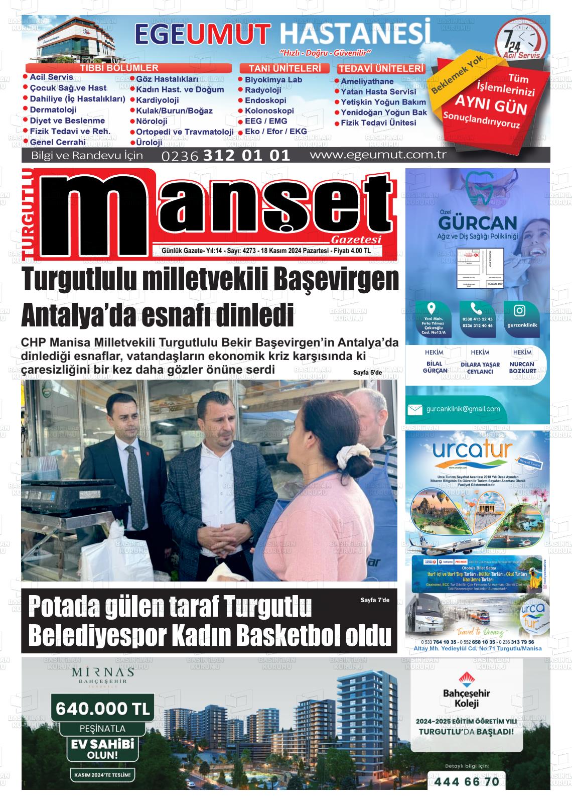 18 Kasım 2024 Turgutlu Manşet Gazete Manşeti