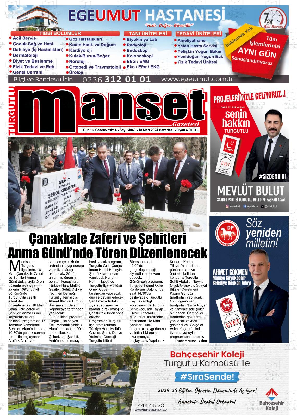 18 Mart 2024 Turgutlu Manşet Gazete Manşeti