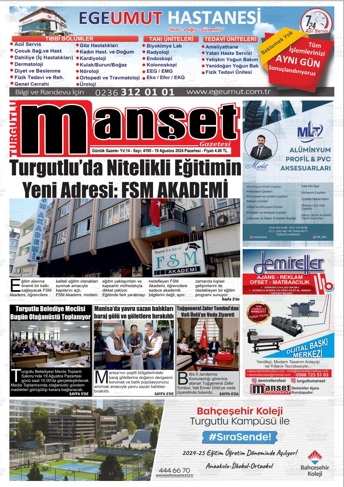 19 Ağustos 2024 Turgutlu Manşet Gazete Manşeti