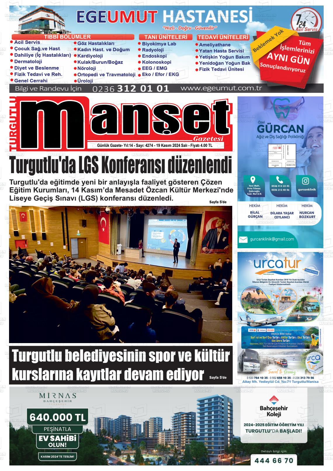 19 Kasım 2024 Turgutlu Manşet Gazete Manşeti