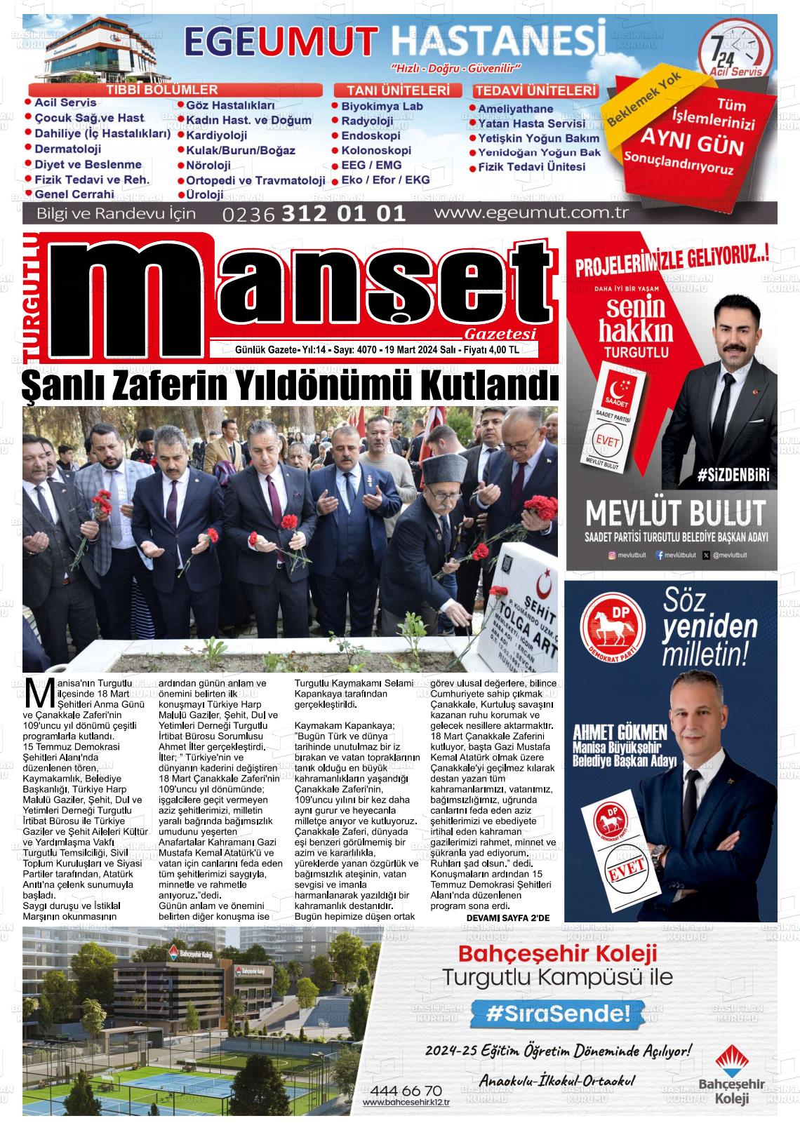 19 Mart 2024 Turgutlu Manşet Gazete Manşeti