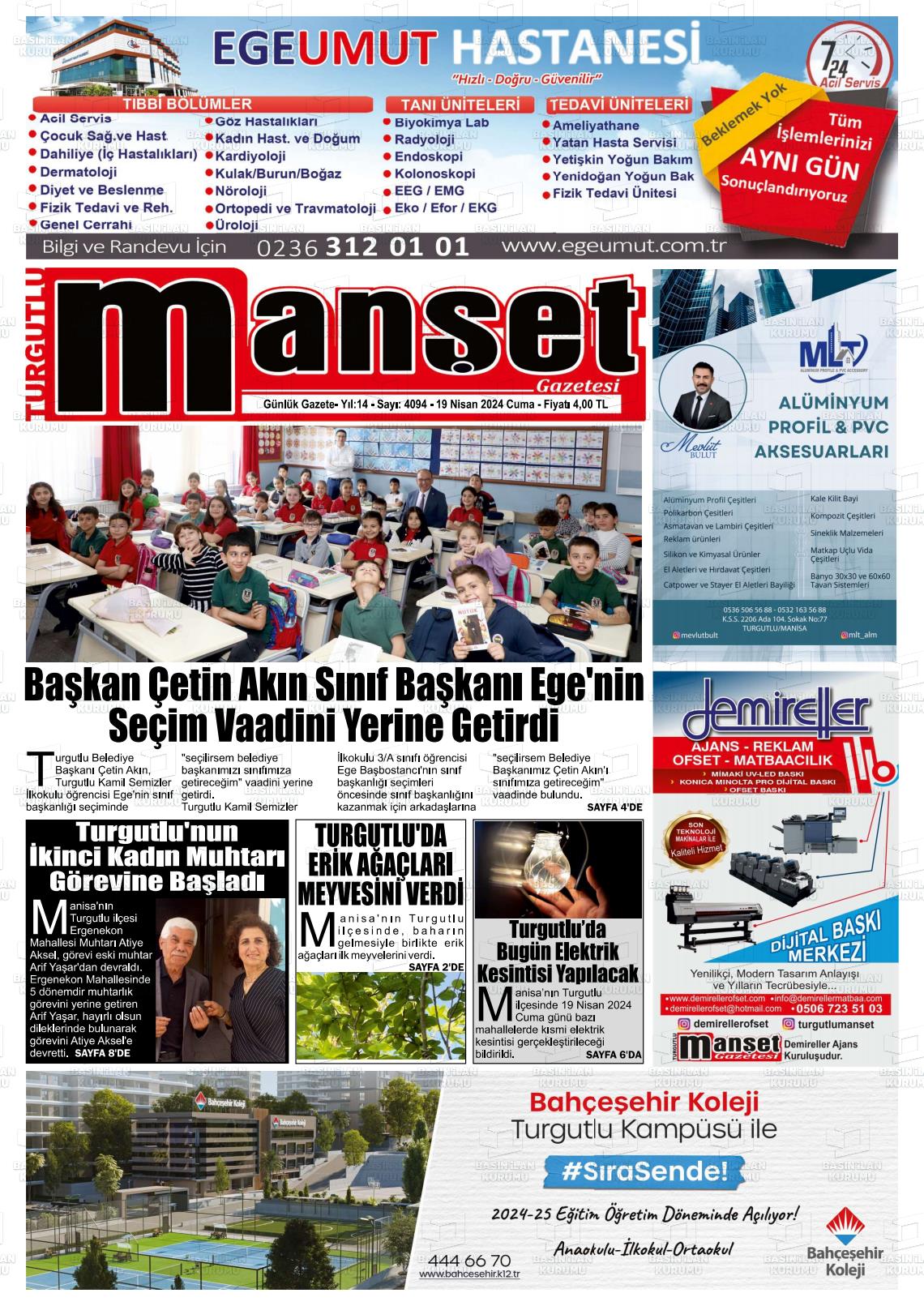 19 Nisan 2024 Turgutlu Manşet Gazete Manşeti